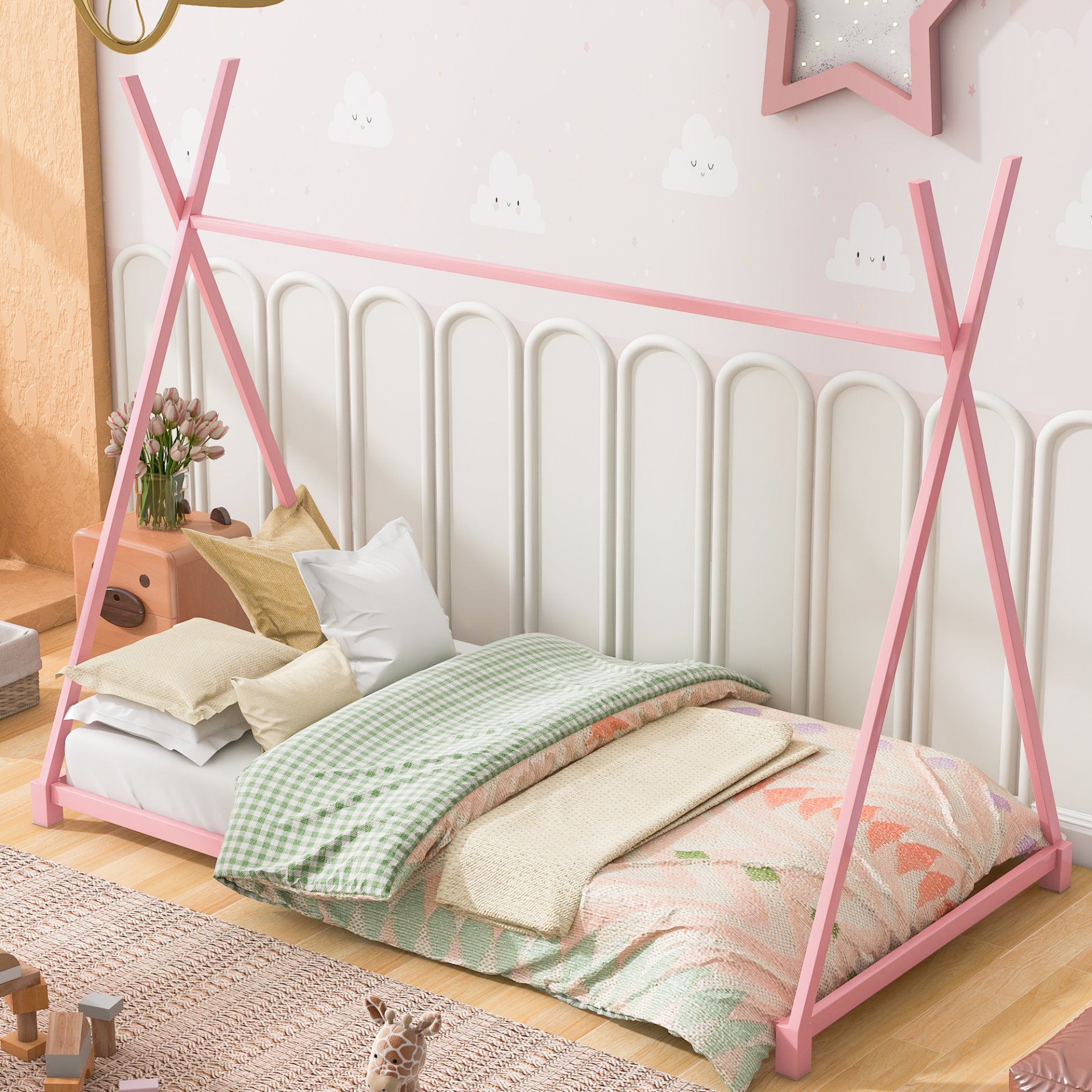 Twin Size House Platform Bed With Triangle Structure, Sturdy Frame, Low Profile Design - Pink - Image 2