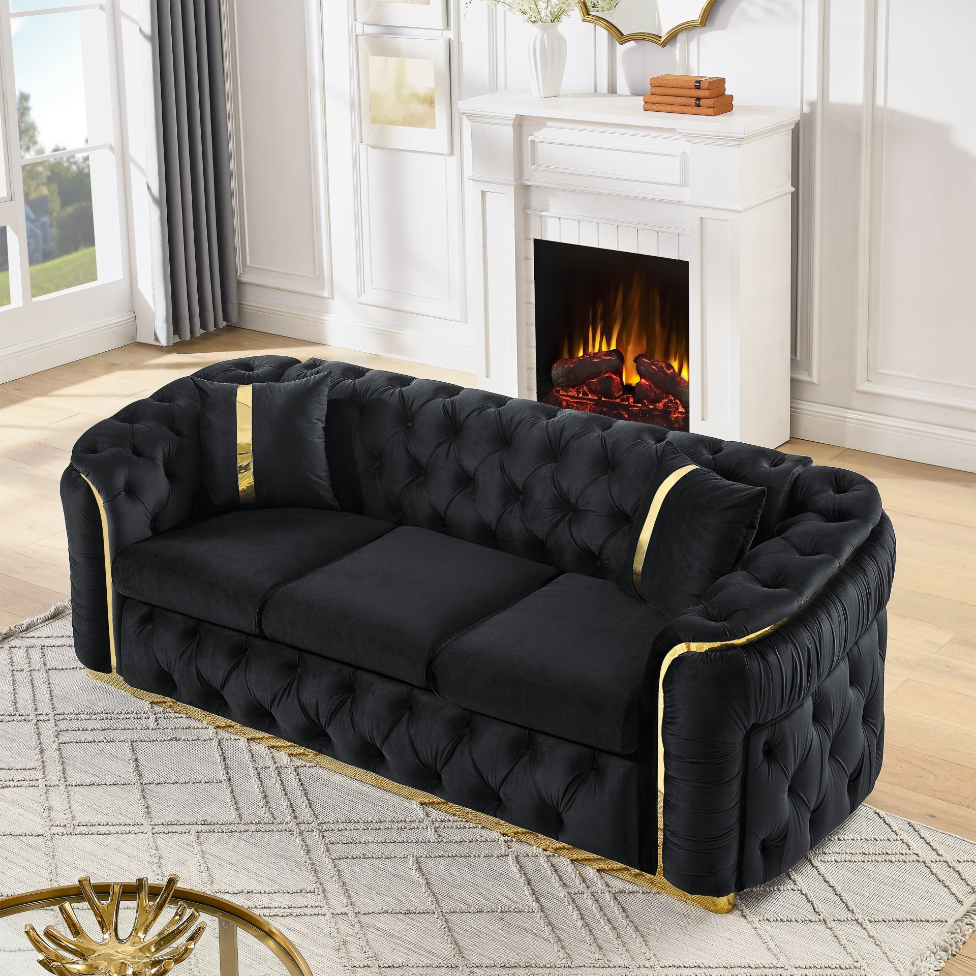 Velvet Button Tufted Sofa Couch With 2 Pillows 3 Seater Luxury Chesterfield Sofa Set With Stainless Steel Accents For Living Room - Black - Image 5