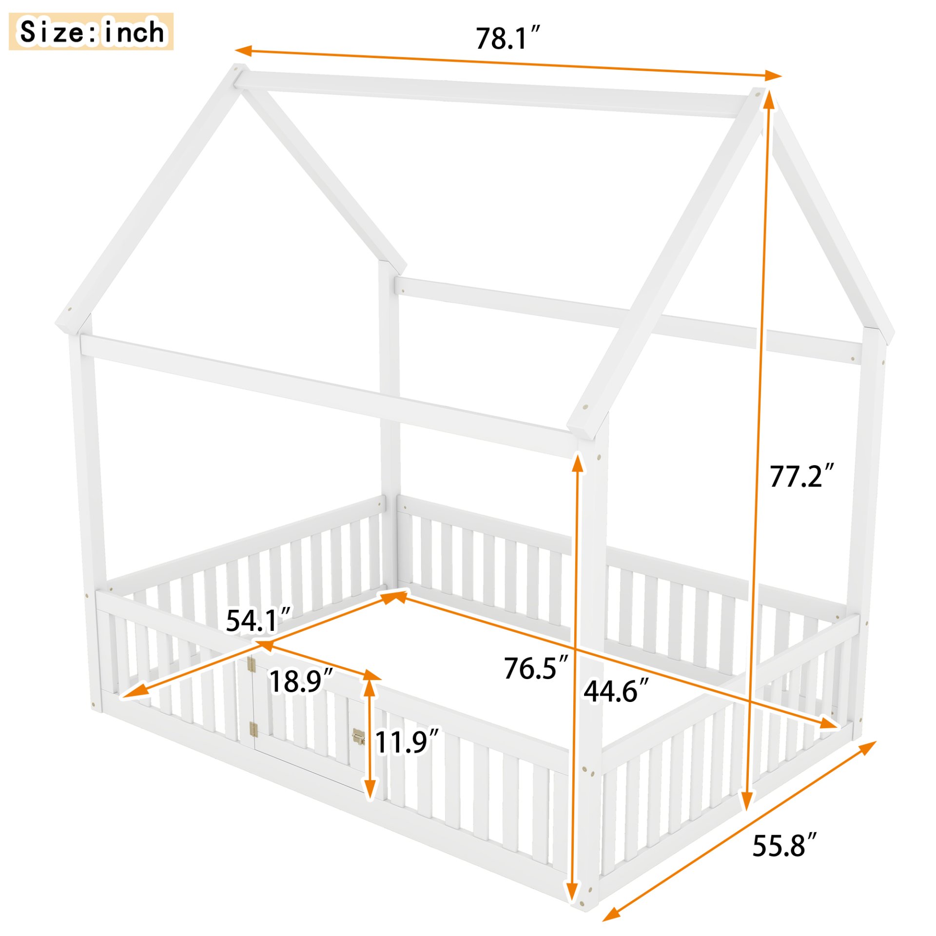 House Shaped Full Size Bed With Fence And Door - White - Image 3