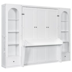 Queen Size Murphy Platform Bed With Shelf, Side Cabinets, Drawers And LED - White