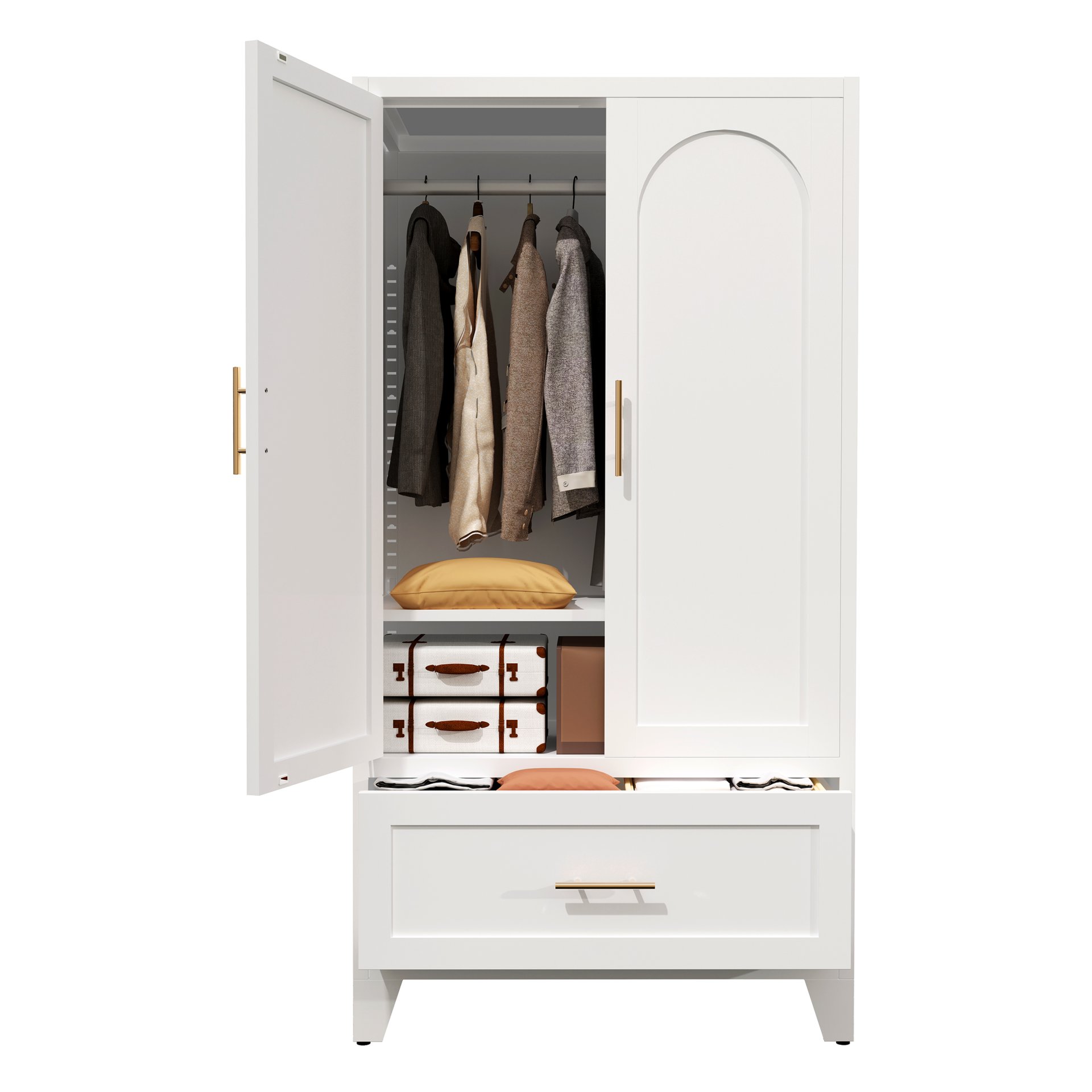 Wardrobe Cabinet With 1 Drawer And Hanging Rod, 2 Doors Closet With Shelf For Bedroom - White - Image 5
