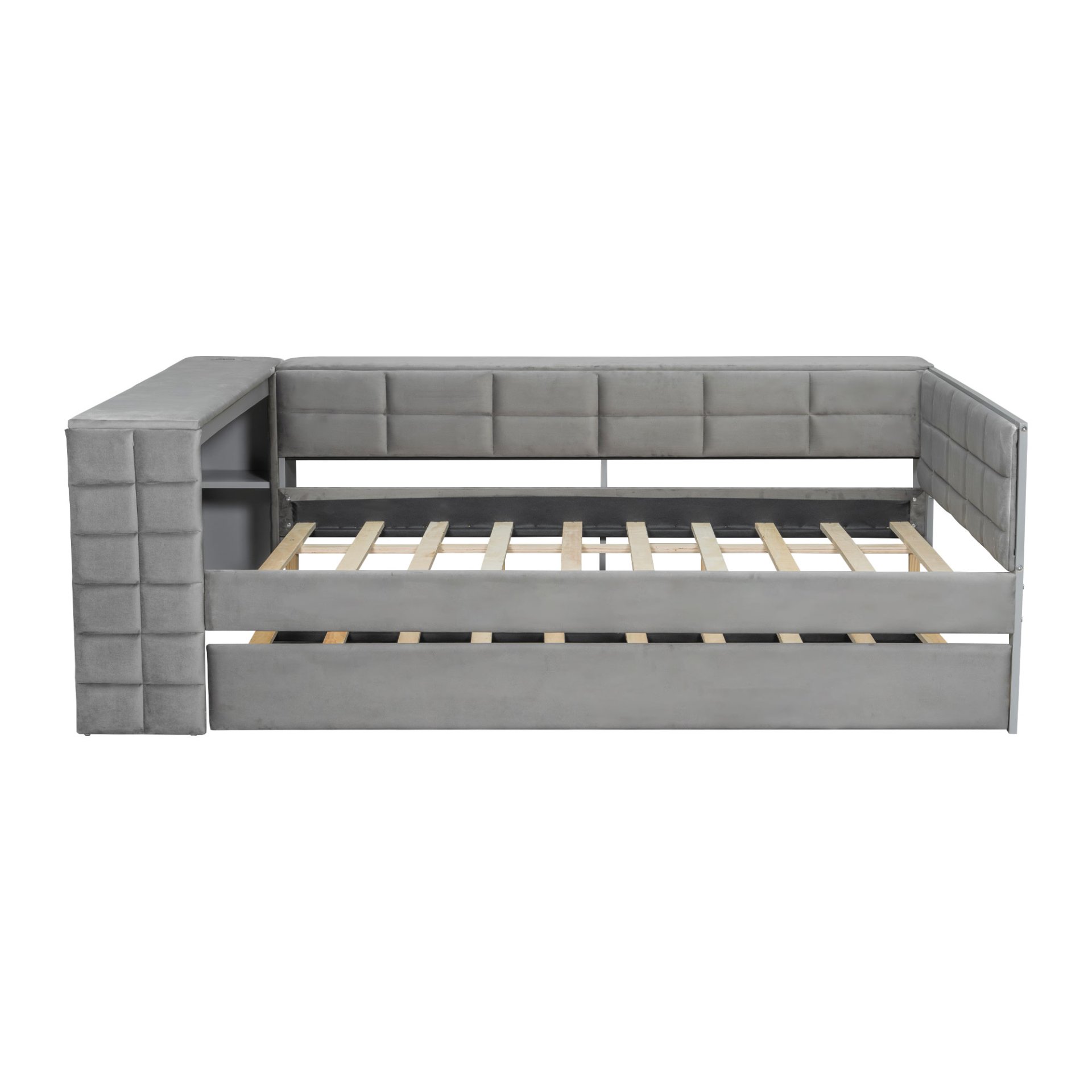 Upholstered Full Size Platform Bed With Storage Shelves, Desk, Charging Station And Trundle - Gray - Image 7