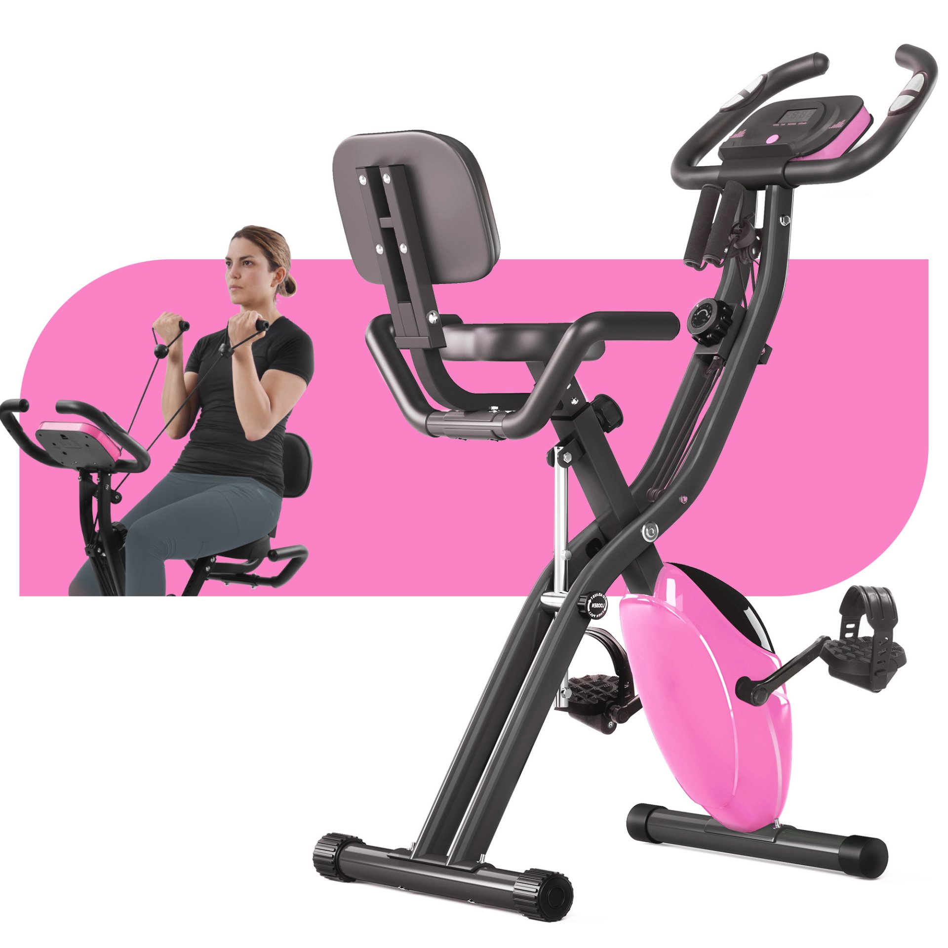 Workout Bikes, Folding Stationary For Home With 16 Level Magnetic Resistance, Indoor Exercise Equipment With Heart Rate Sensor & LCD Monitor - Pink - Image 2