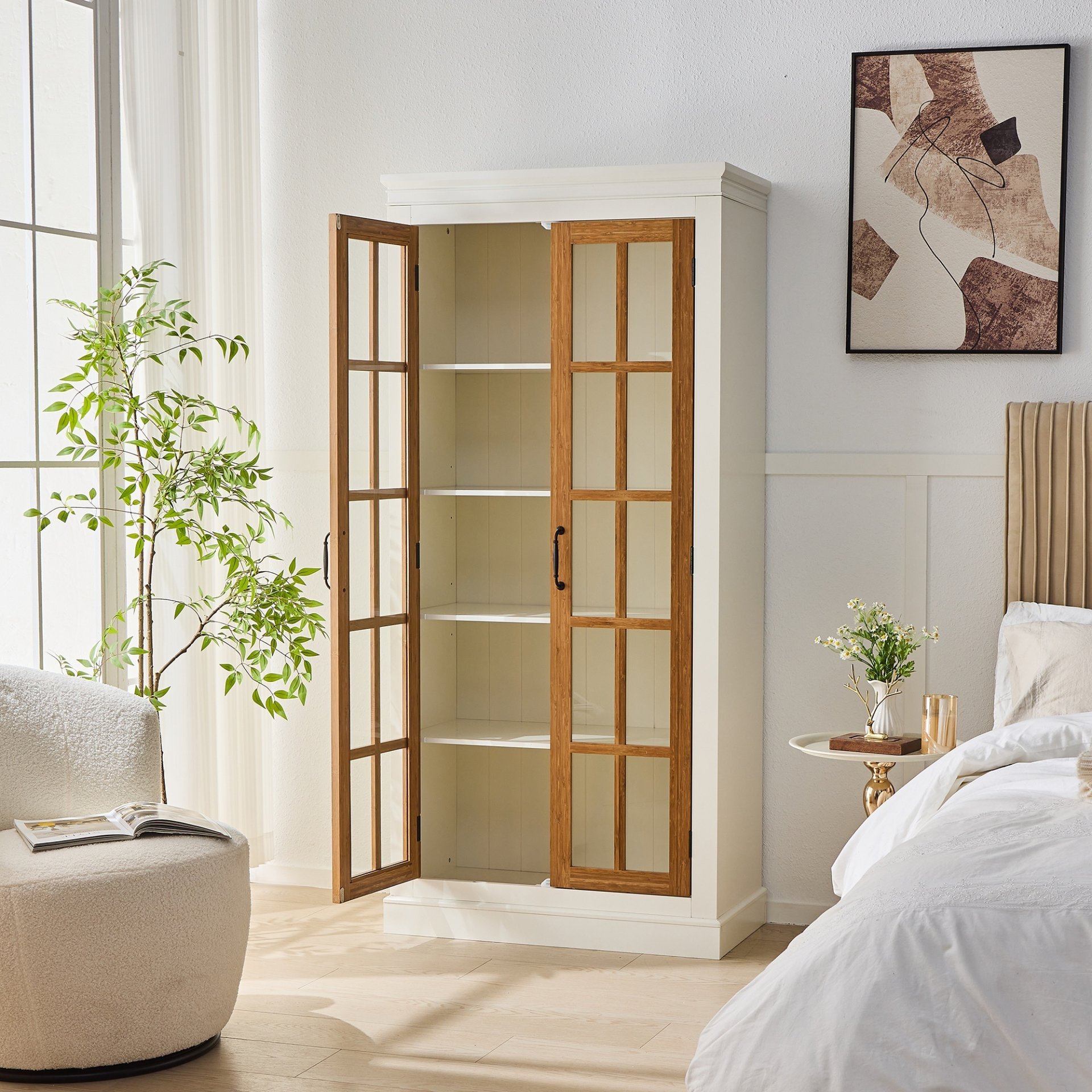 Rustic Style Display Cabinet With Glass Doors For Collectibles & - Brown / Cream White - Image 2