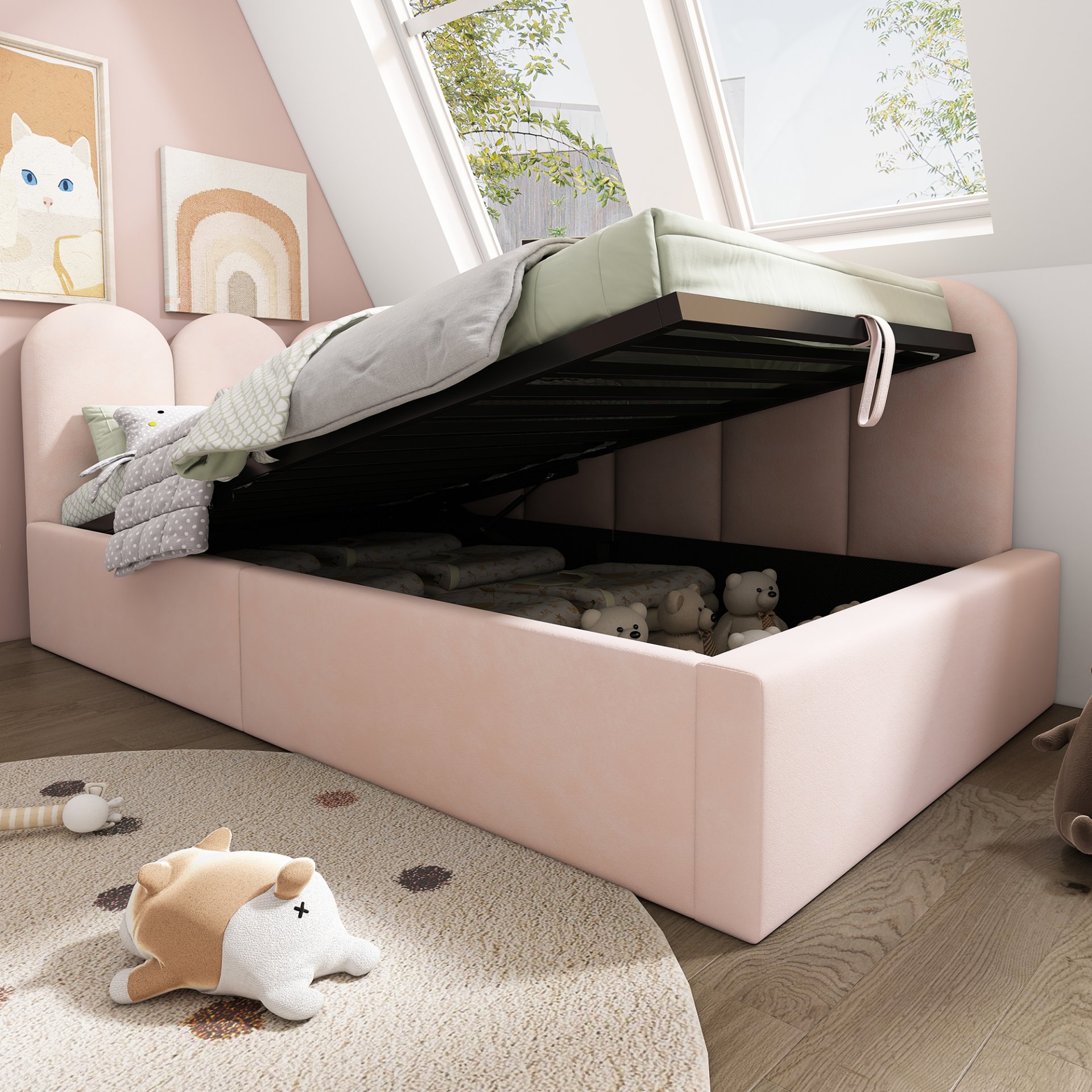 Twin Size Sofa Bed Frame With Slatted Base Daybed With Hydraulic Storage - Pink - Image 11