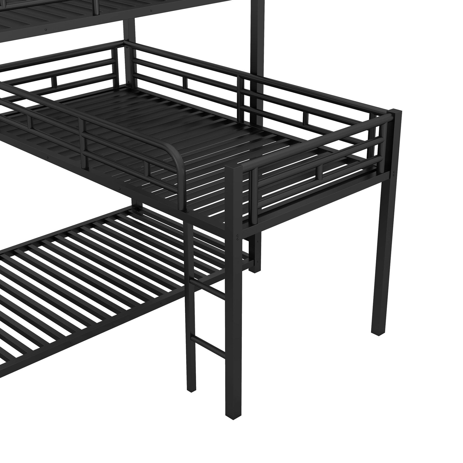 L-Shaped Triple Twin Size Bunk Bed, Industrial Design With Integrated Ladder And Full Length Guardrails - Black - Image 6