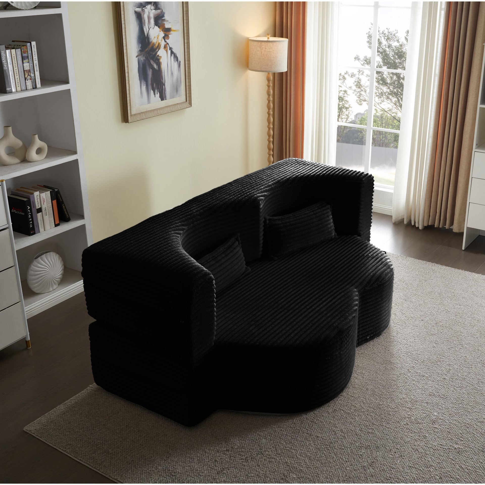 Floor Sofa With 2 Pillows, Convertible Plush Corduroy Foam Filled Sleeper Sofa Bed - Black - Image 4