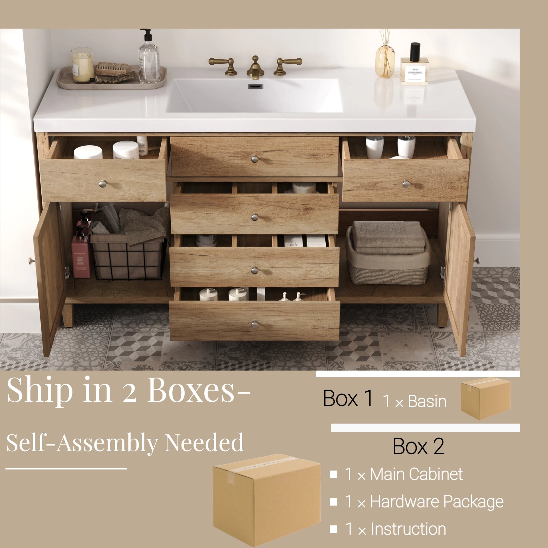 Bathroom Vanity With Sink, Soft Close Drawers - Antique Natural - Image 10