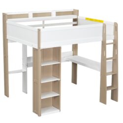 Full Size Loft Bed With Built In Storage Shelves, Clothes Rail, And Desk - White / Natural