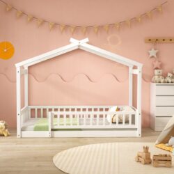 Twin Size Bed House Bed Frame & Fence - White