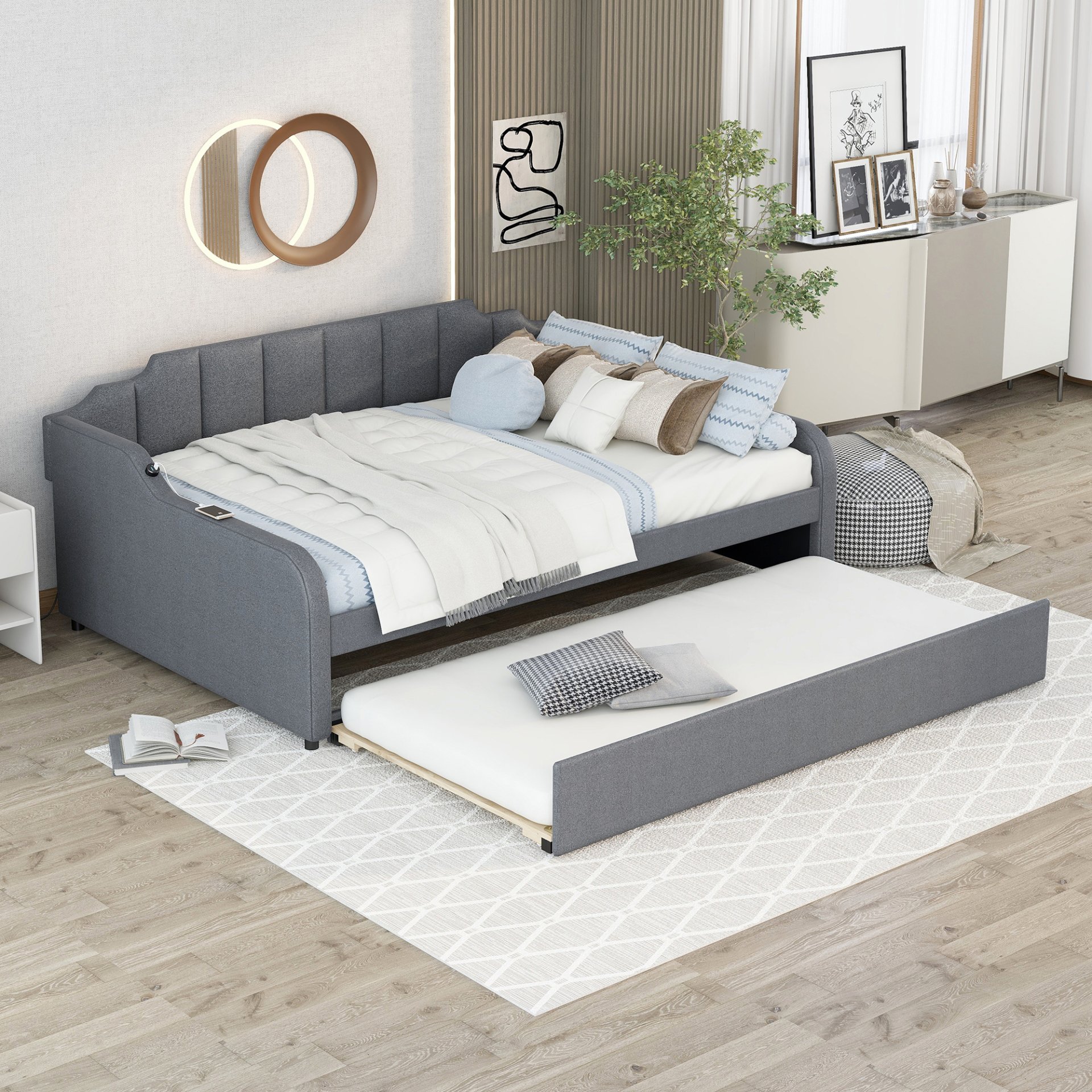 Full Size Upholstered Daybed With Trundle And USB Charging - Gray - Image 5