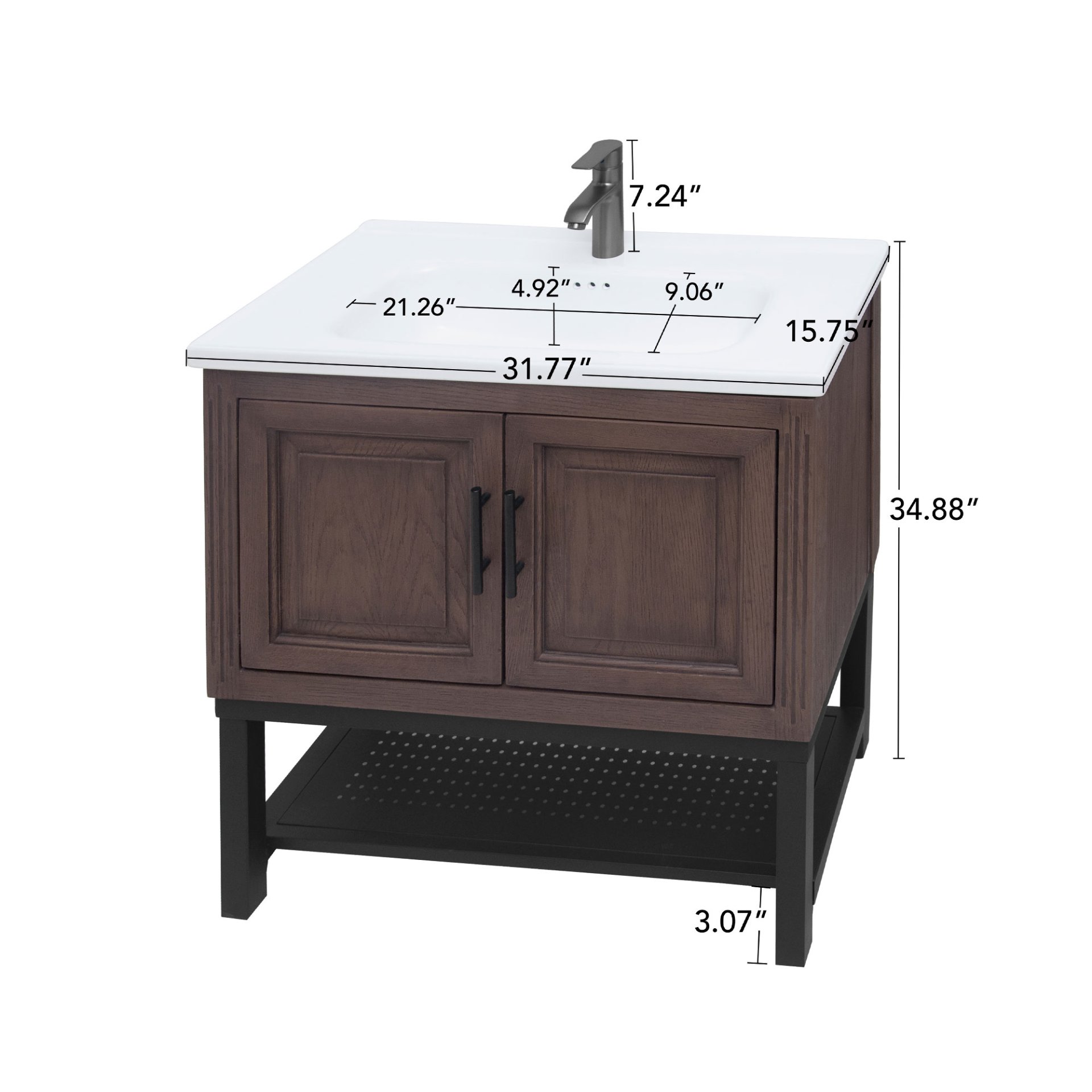 Modern Freestanding Bathroom Vanity With White Ceramic Sink, Hot And Cold Faucet, 2 Door Cabinet & Open Iron Shelf, Magnesium Oxide And Iron Frame - Walnut - Image 3