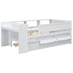 Twin Daybed With Drawers, Trundle, Headboard Storage, Study Desk, And USB Charging Station - White