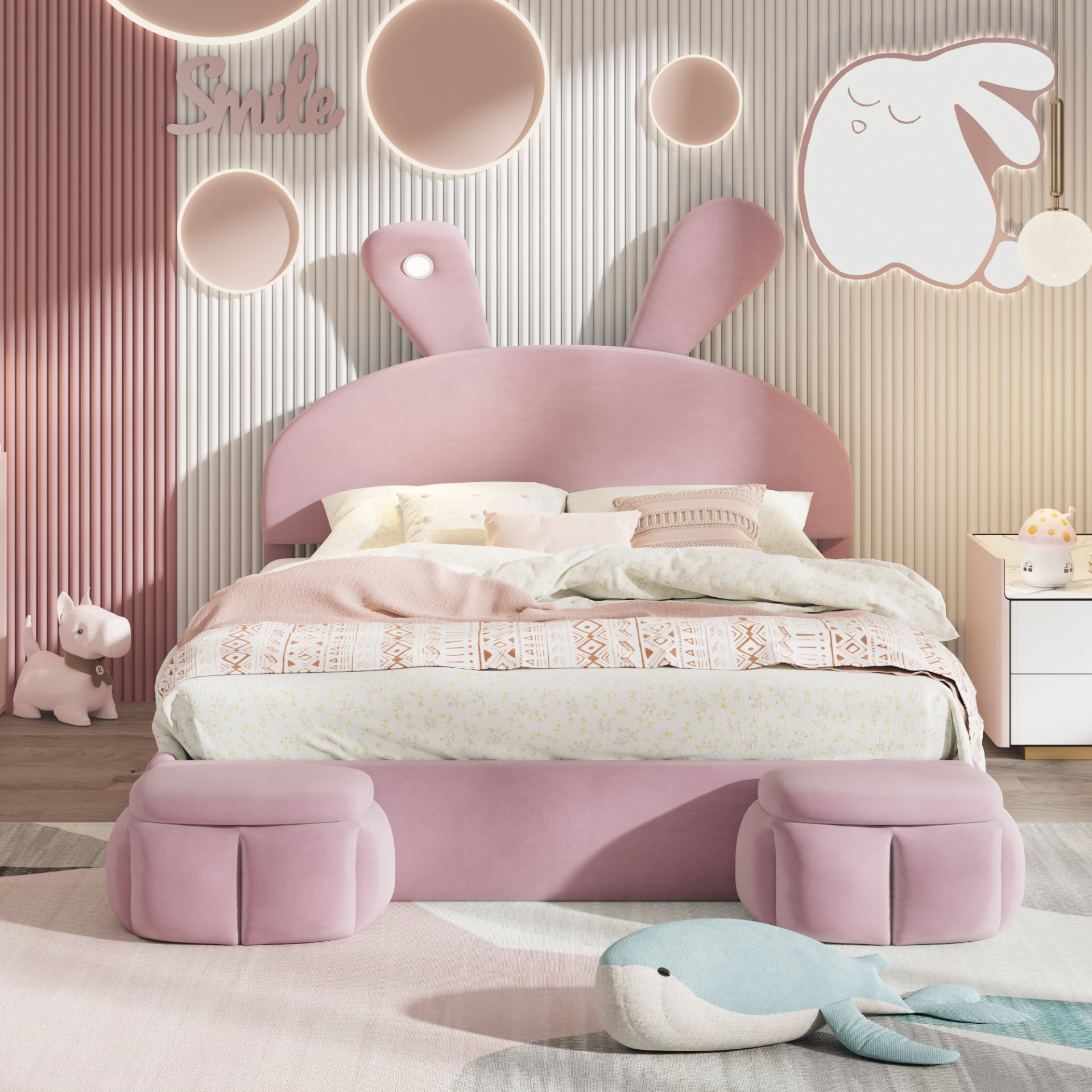 Full Size Upholstered Platform Bed With Cartoon Ears Headboard And Built In LED Light - Pink - Image 6
