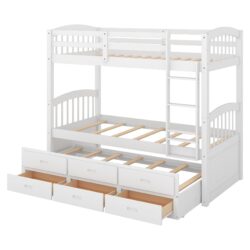 Twin Over Twin Bunk Bed With Trundle And Drawers With Arched Headboard And Footboard - White