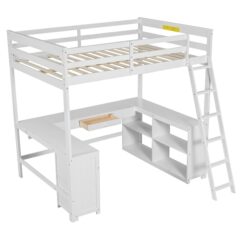 Full Size Loft Bed With U-Shaped Desk, Drawers, And Storage Shelves - White