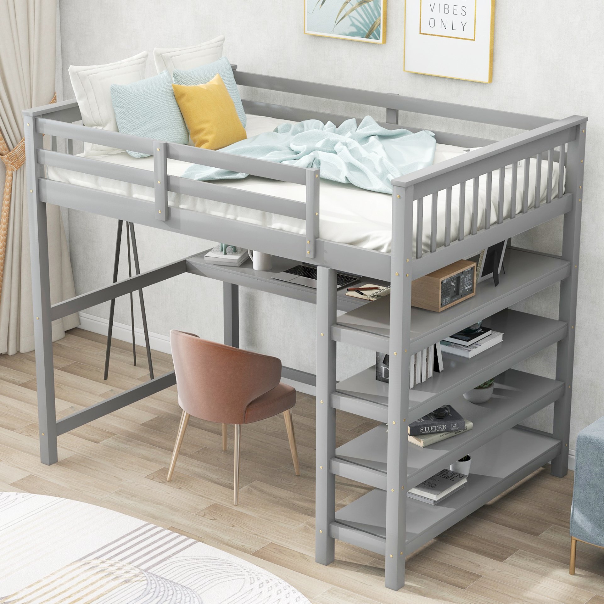 Full Size Loft Bed With Storage Shelves And Under Bed Desk - Gray - Image 4