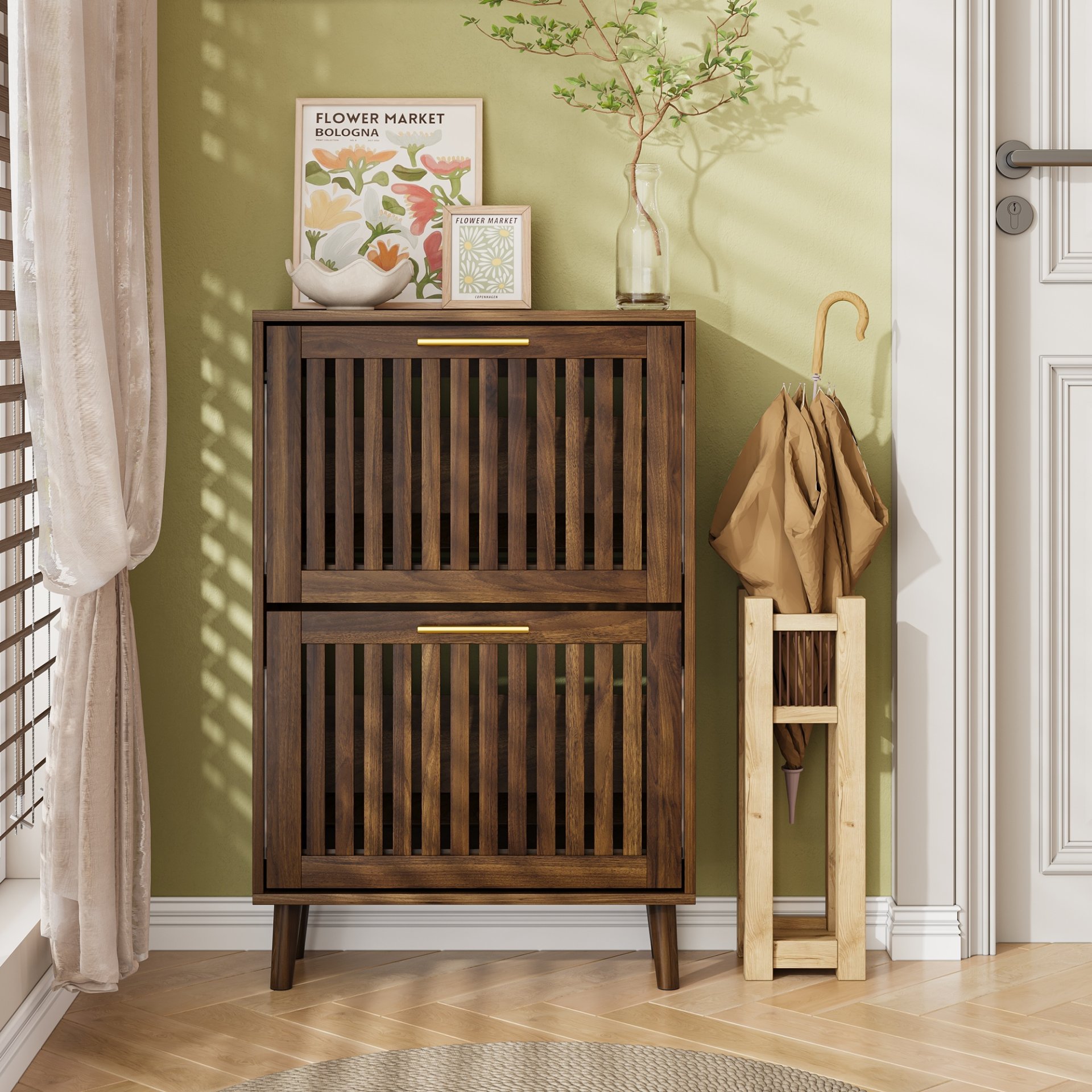 Medieval - Modern Shoe Cabinet With 2 Flip Drawers And Fence Design - Walnut - Image 2