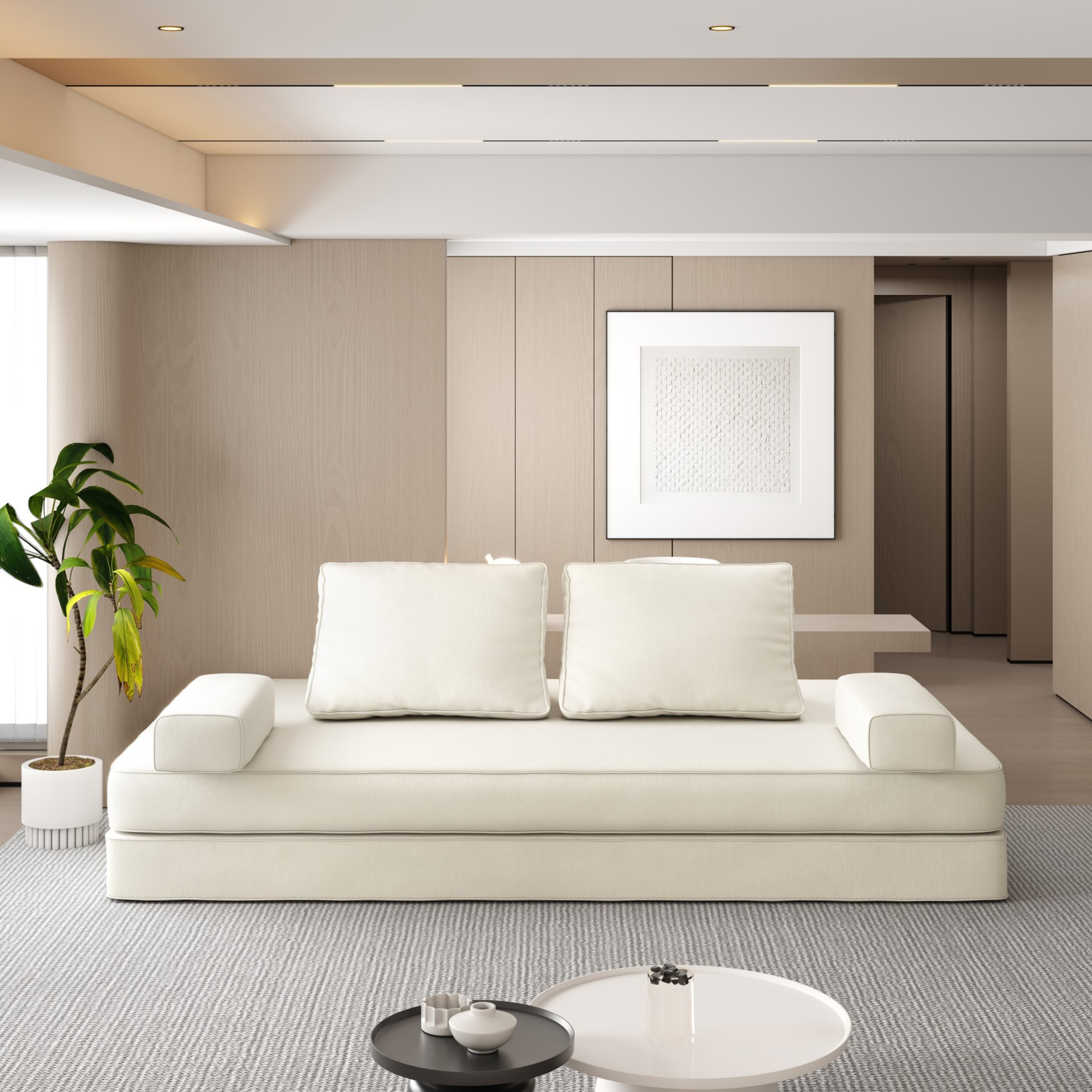 Multifunctional Convertible Sofa Bed With 2 Tumbler Backrests And 2 Pillows, Diy Modern Upholstered Couch - Beige - Image 7