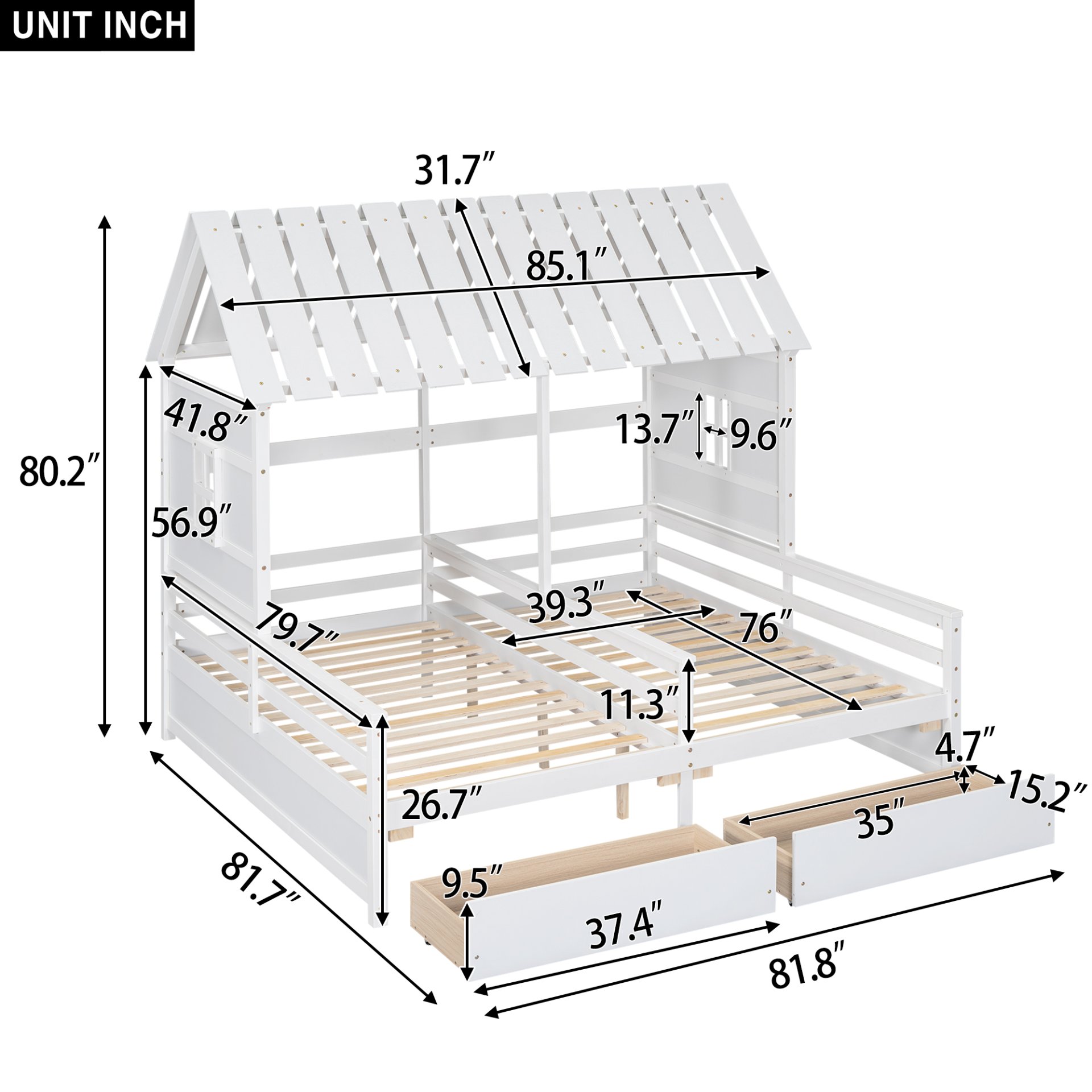 Twin Size House Platform Beds With 2 Drawers, Side By Side Design For Shared Bedrooms - White - Image 3