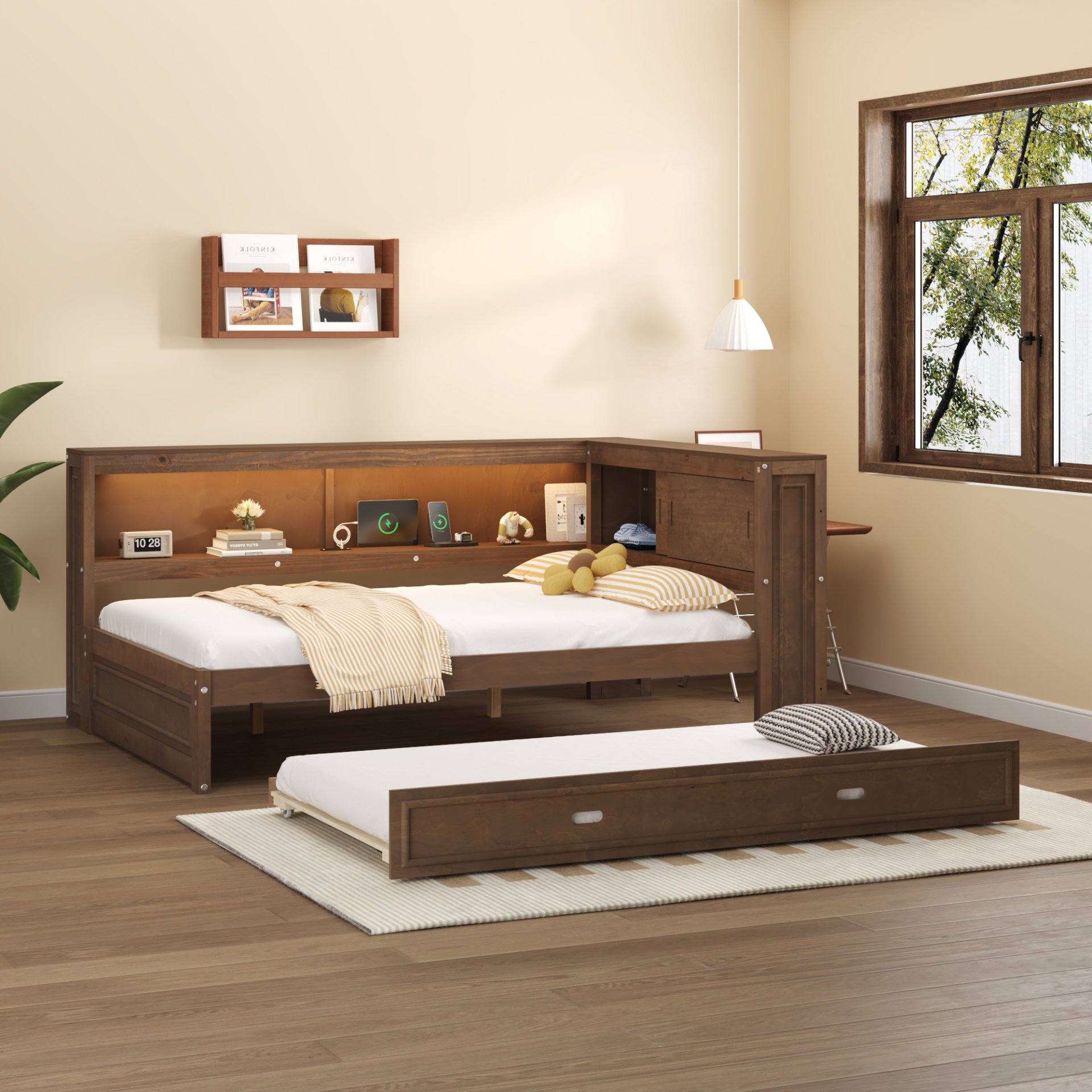 Full Size Daybed With Storage Shelves, LED, USB, And Trundle - Wood - Image 6