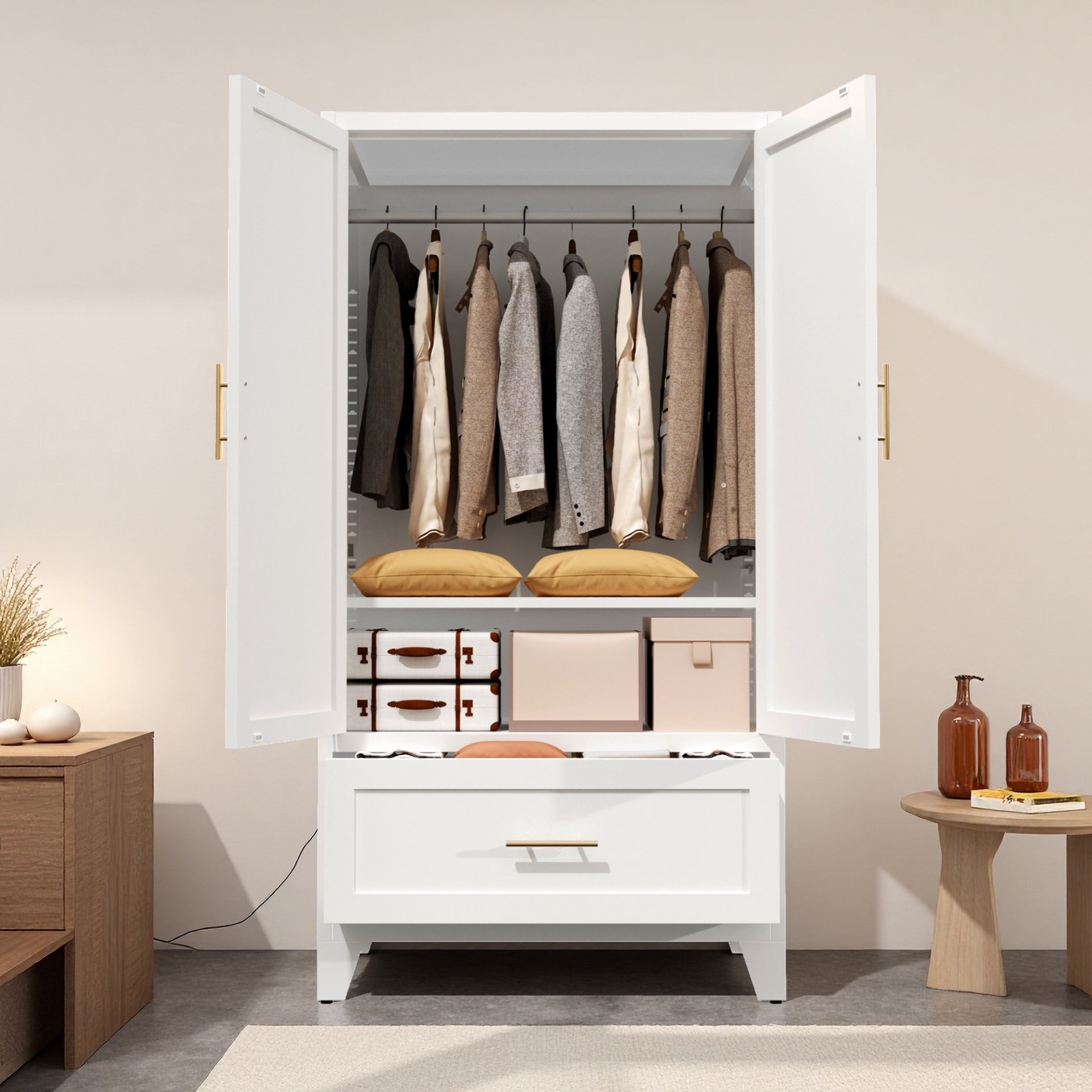 Wardrobe Cabinet With 1 Drawer And Hanging Rod, 2 Doors Closet With Shelf For Bedroom - White - Image 9