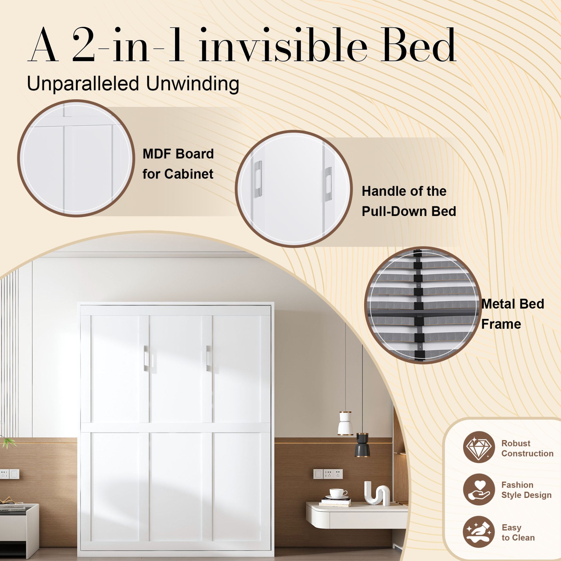 Queen Murphy Bed, Space Saving Design - White - Image 13