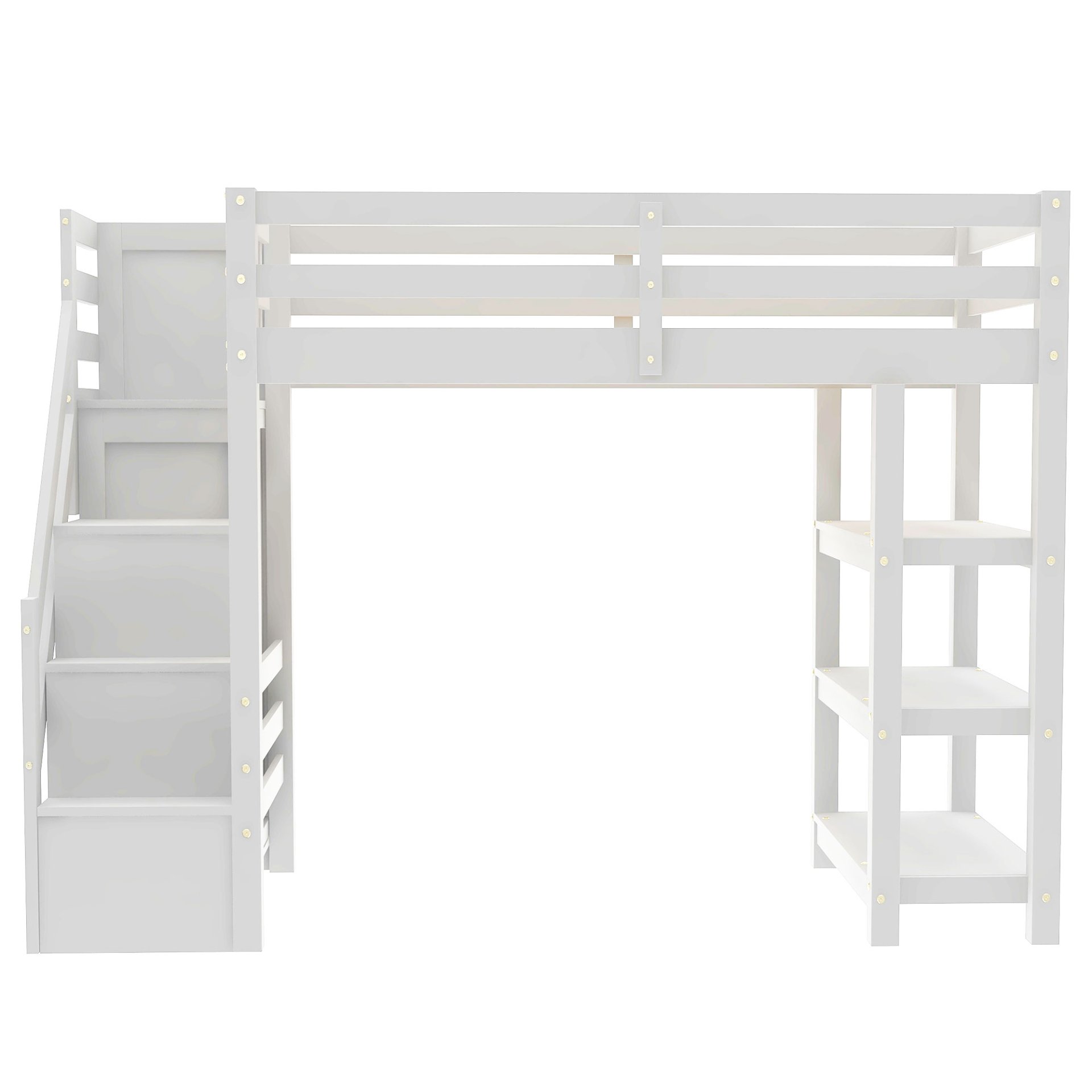 Twin Size Loft Bed With 4 Layer Shelves, Storage Staircase, Small Wardrobe And LED Light - White - Image 5