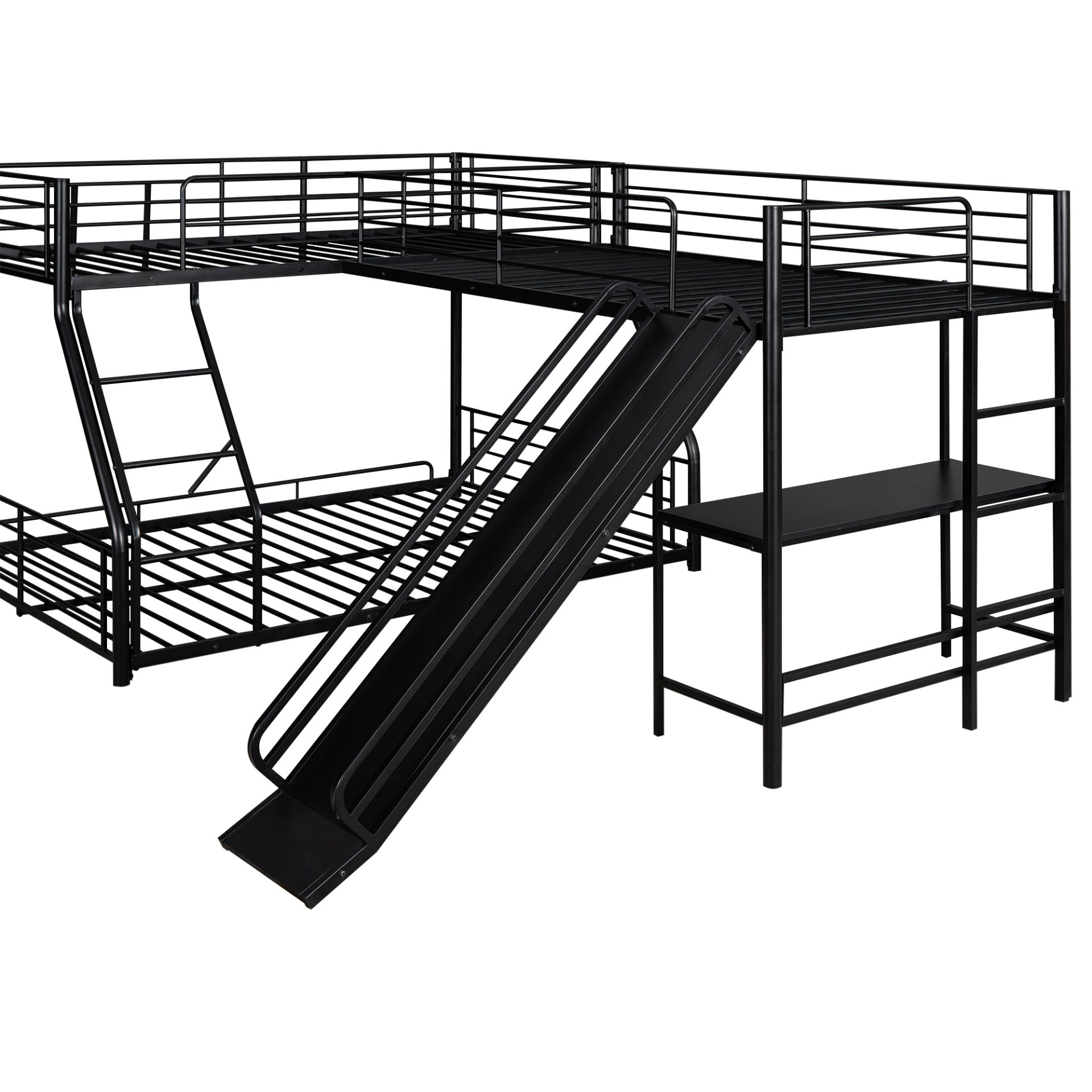 L-Shaped Twin Over Full Bunk Bed With Twin Loft, Built In Desk And Slide - Black - Image 7