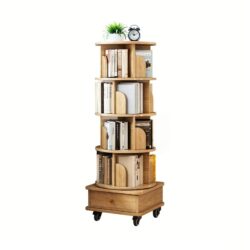 5 Tier Rotating Bookshelf With Wheels And Drawer, 360° Spinning Design, Space Saving Storage, For Home And Office, Wood - Oak