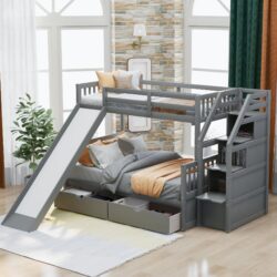 Twin Over Full Bunk Bed With Drawers, Storage, Slide And Ladder, Lower Bed - Gray