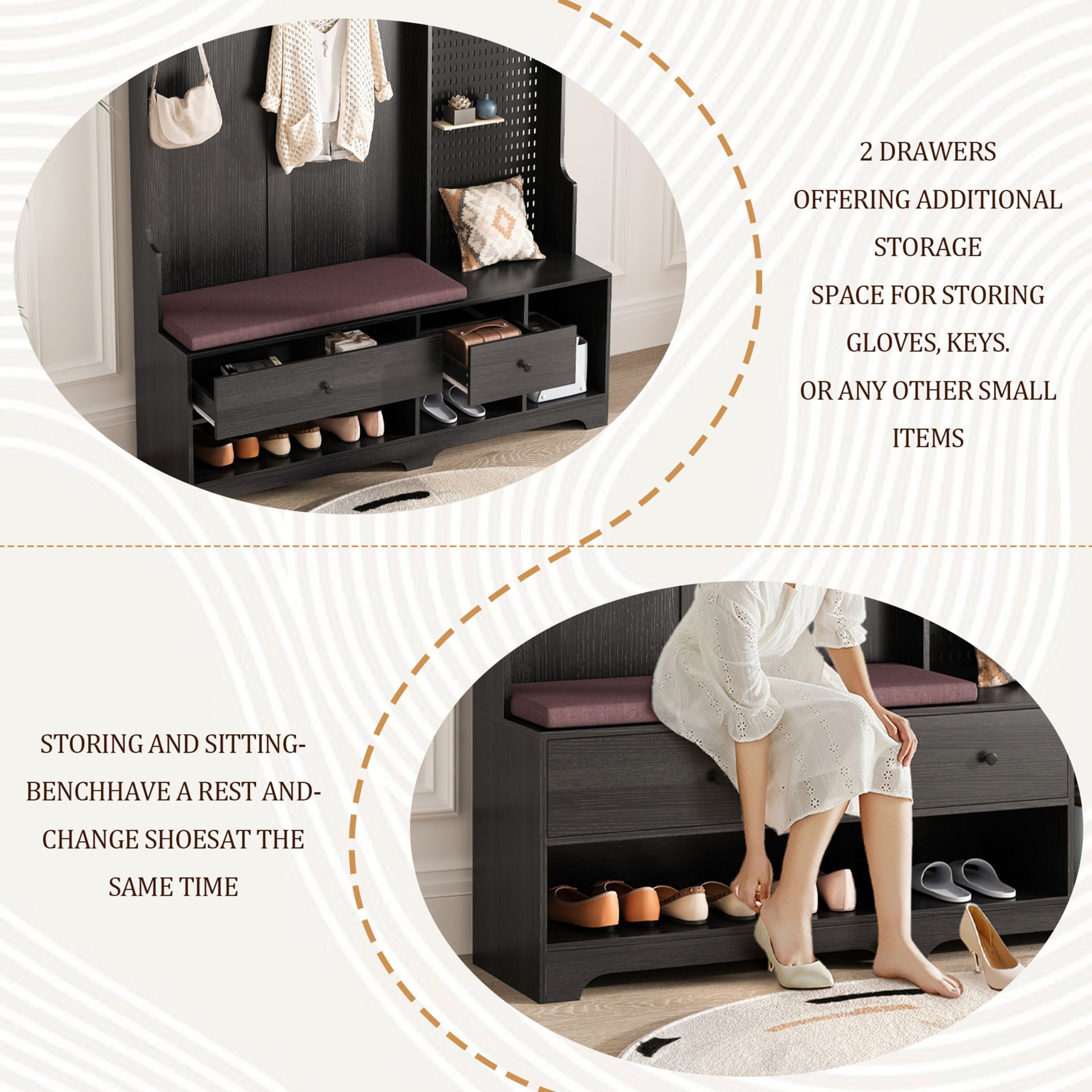 Hallway Hall Tree With Removable Cushion Bench, Coat Rack, Storage Shelves - Black - Image 6