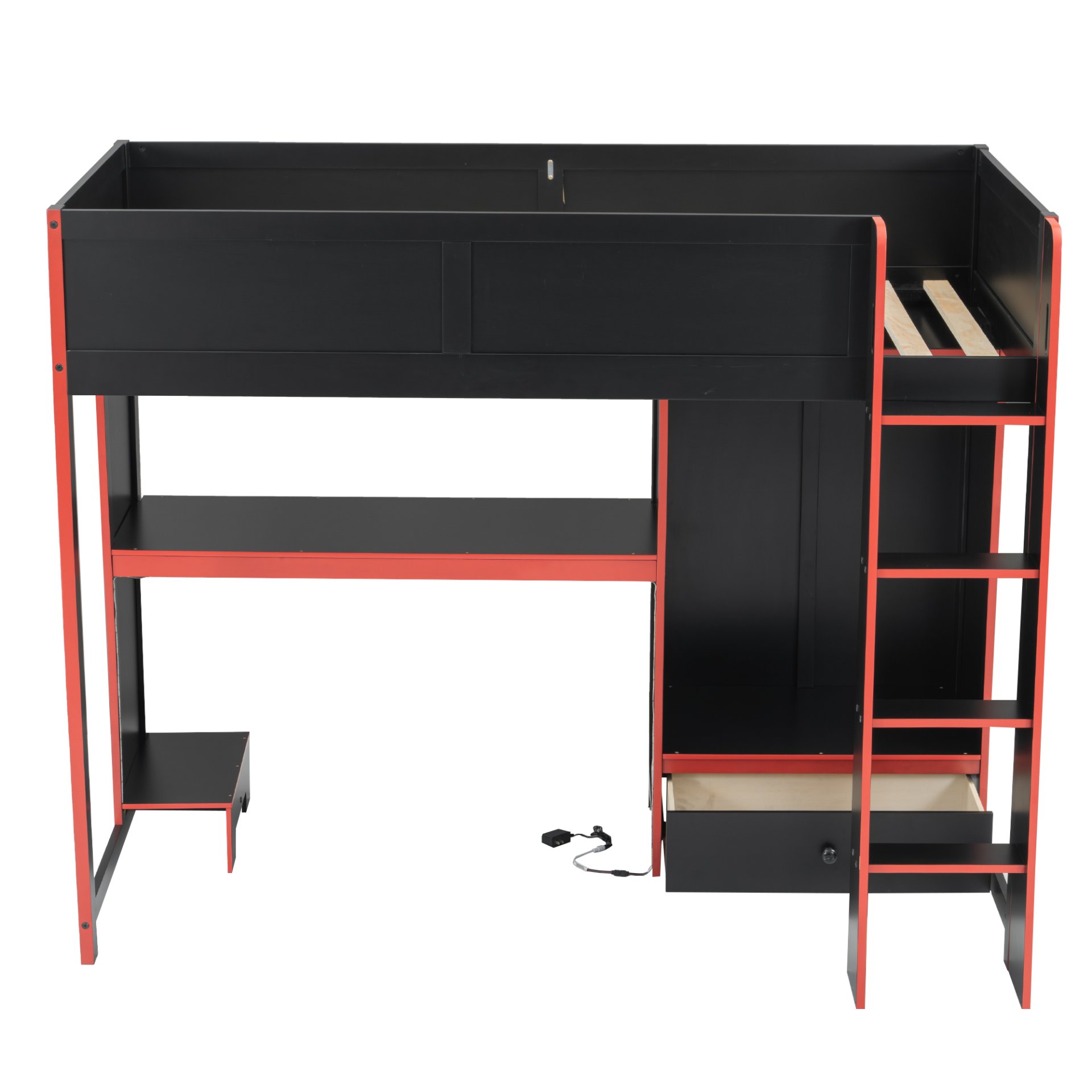 Twin Size Gaming Loft Bed With Built In Desk, Wardrobe, LED Lighting And Drawer - Black - Image 15