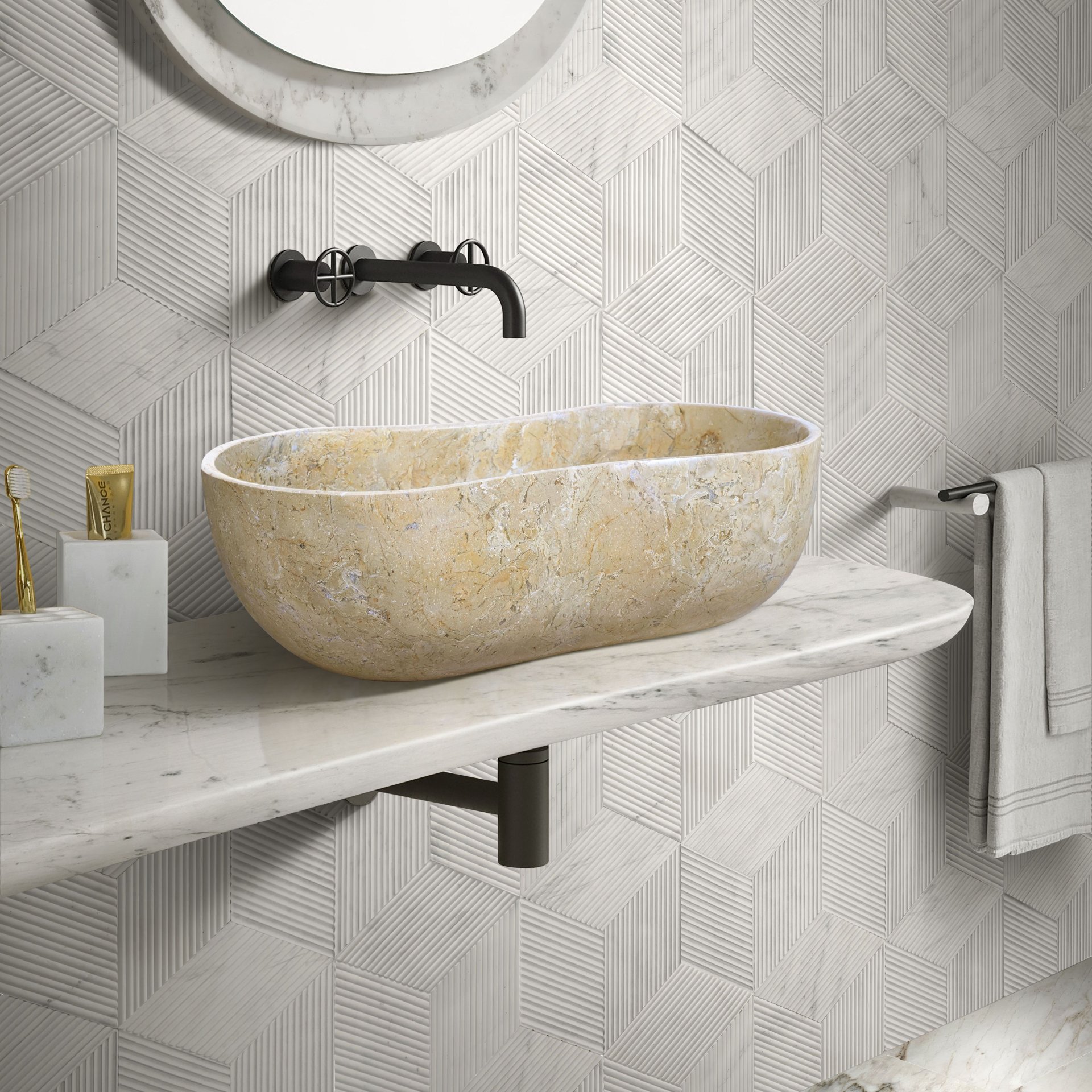 Bathroom Vessel Sink, Wavy Design, Semi Polished Surface - Beige / Gold / Beige / Yellow / Gold - Image 2