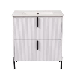 Fluted Bathroom Vanity & Sink, Full Extension Soft Close Drawers - White