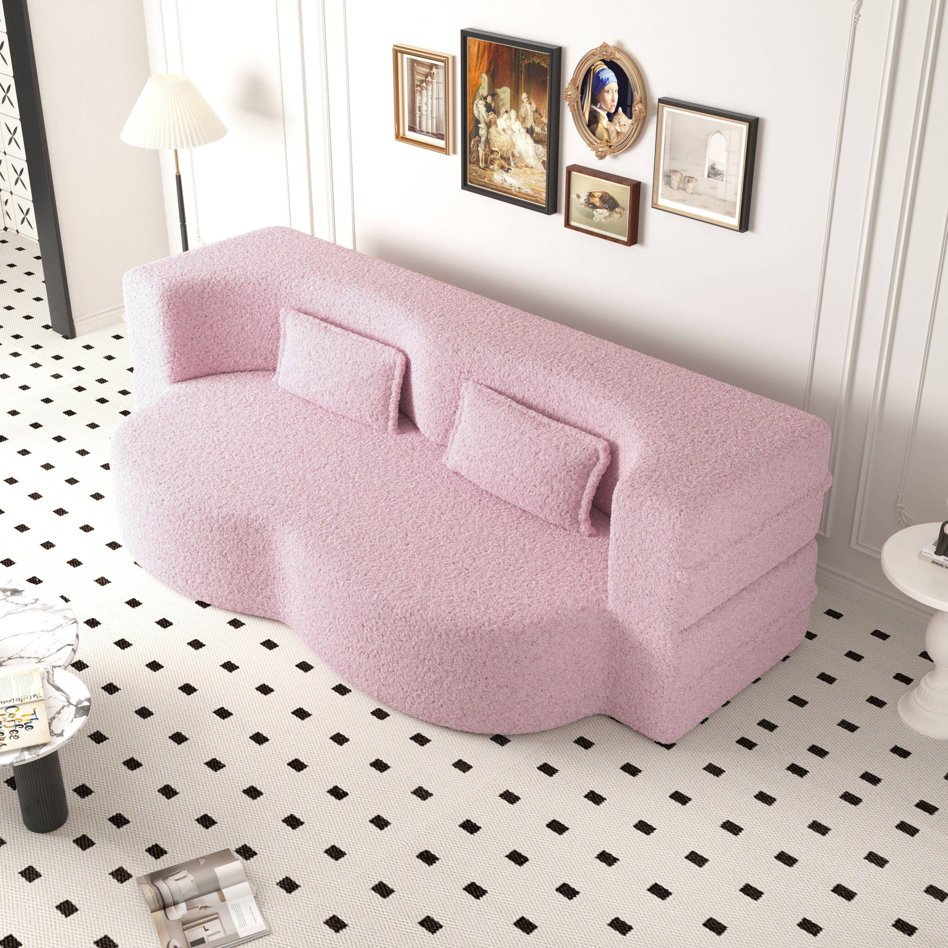 Modern Floor Sofa With 2 Pillows, Convertible Teddy Fabric Foam Filled Sleeper Sofa Bed, Full Size Folding Mattress For Living Room Guest Bed, Playroom, No Assembly Required - Pink - Image 7