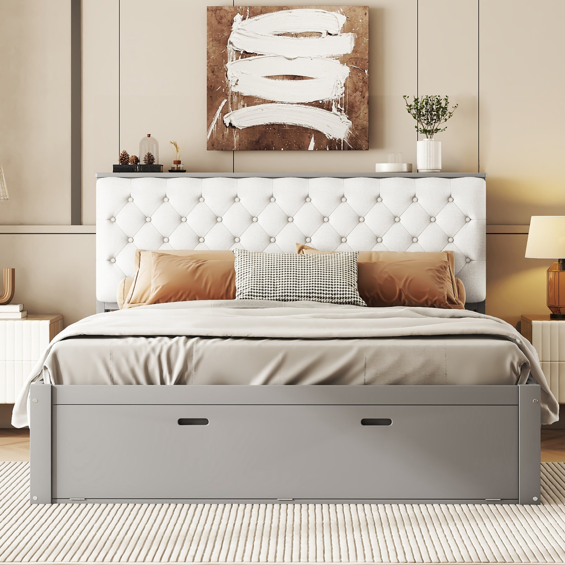 Queen Size Platform Bed With Storage Headboard, Shoe Rack And 4 Drawers - Gray - Image 4