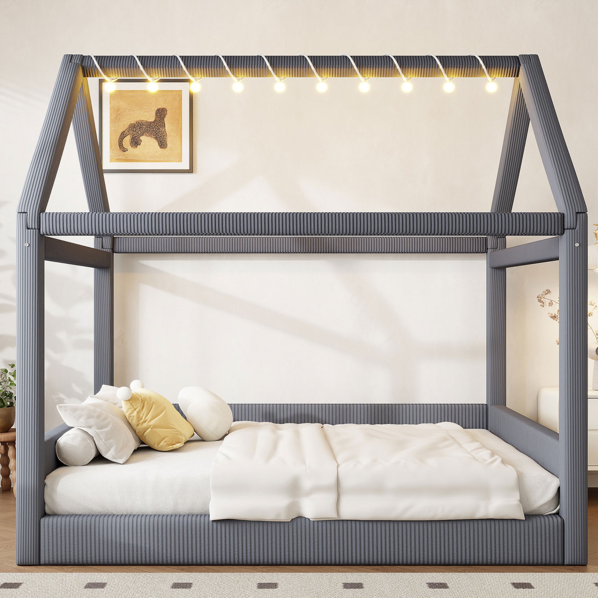 Full Size Upholstered House Style Daybed With LED Light Strips - Grey - Image 5