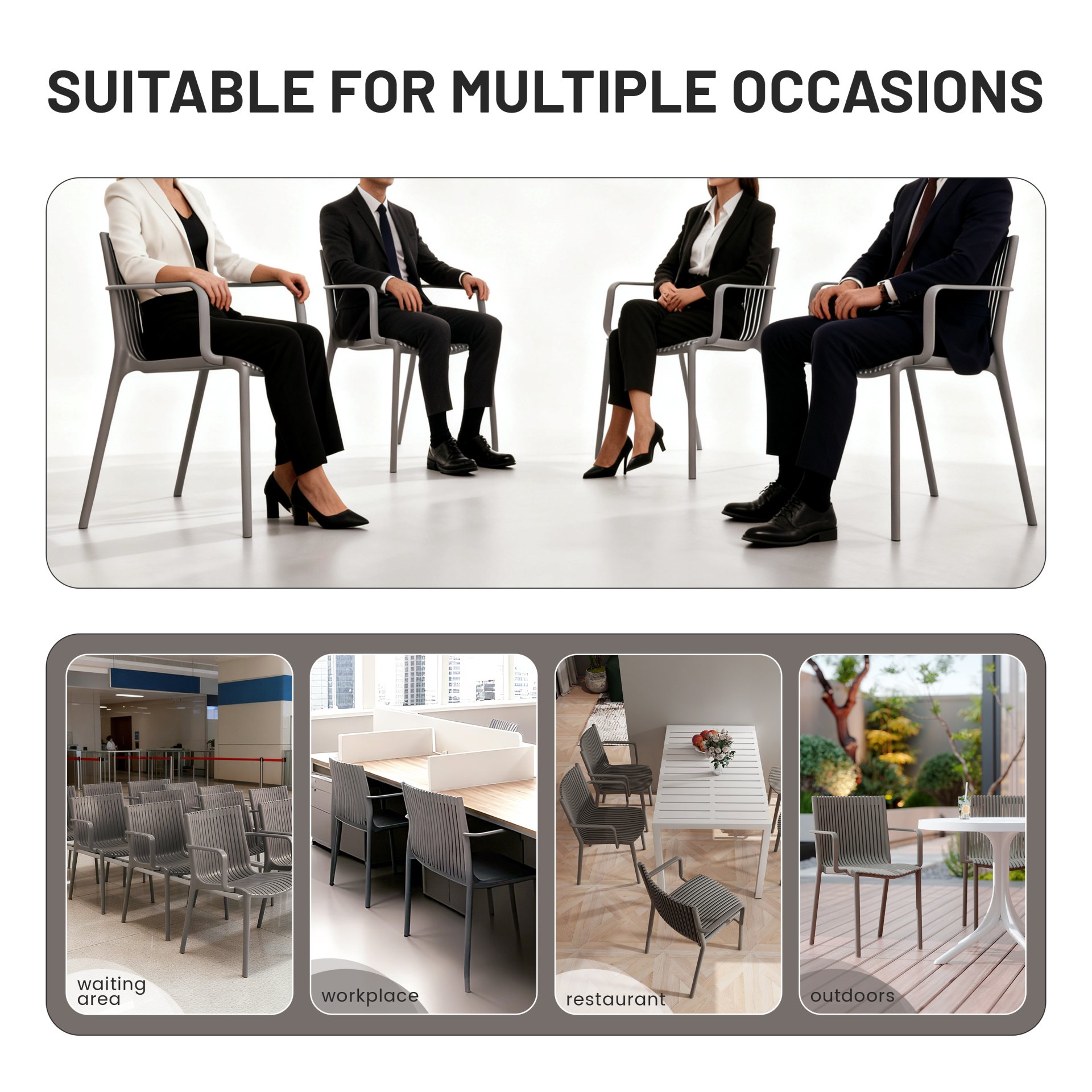 4 Piece Stackable Single Chairs With Vertical Stripe Design For All Weather - Warm Gray - Image 15