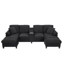 U-Shaped Sectional Sofa, Hidden Storage Ottomans, USB Ports, And Cup Holders - Black