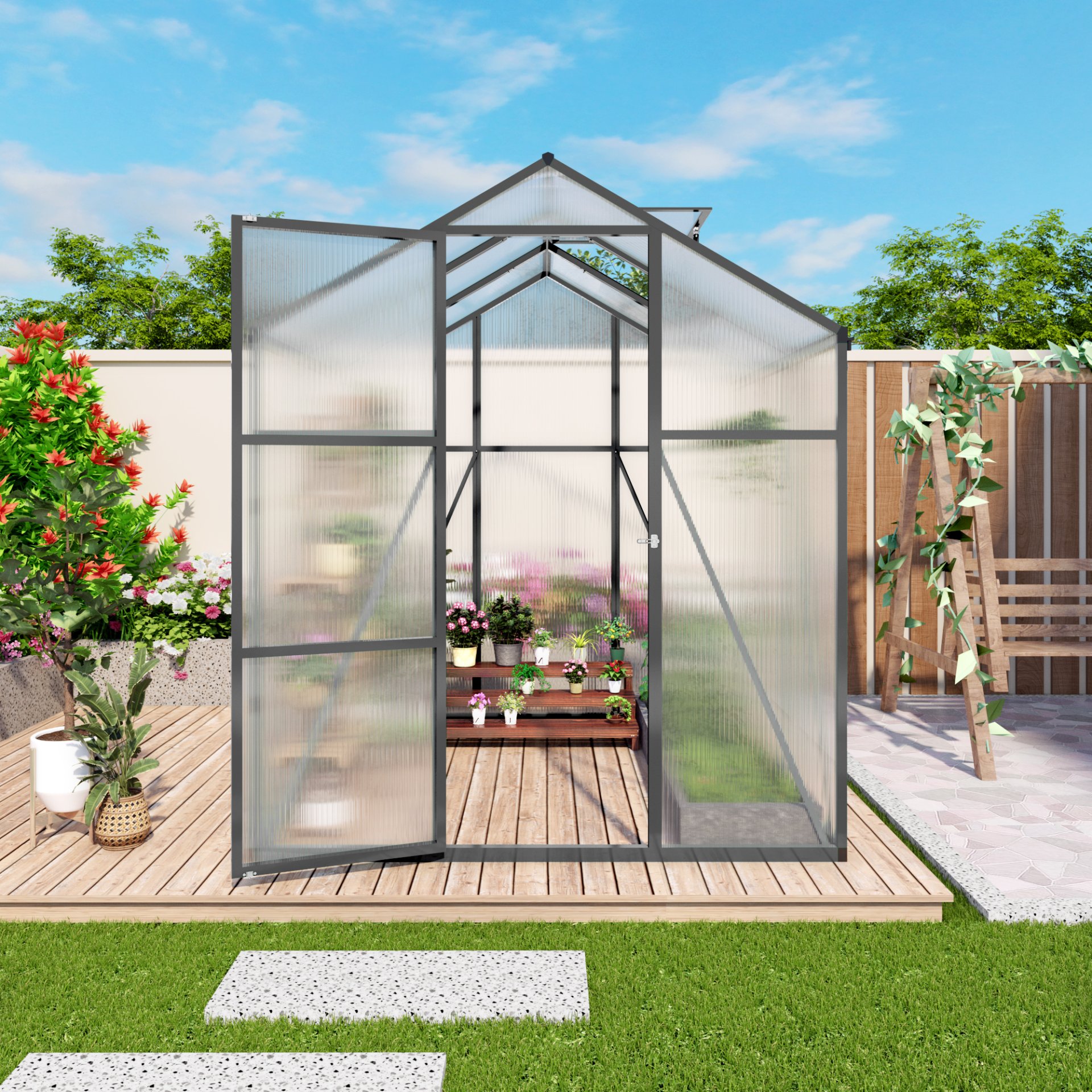 Gain Height Windproof Greenhouse 6 X 6 Ft Polycarbonate With Raised Base And Anchor Alloy Frame, All Season Outdoor Garden House - Black - Image 6