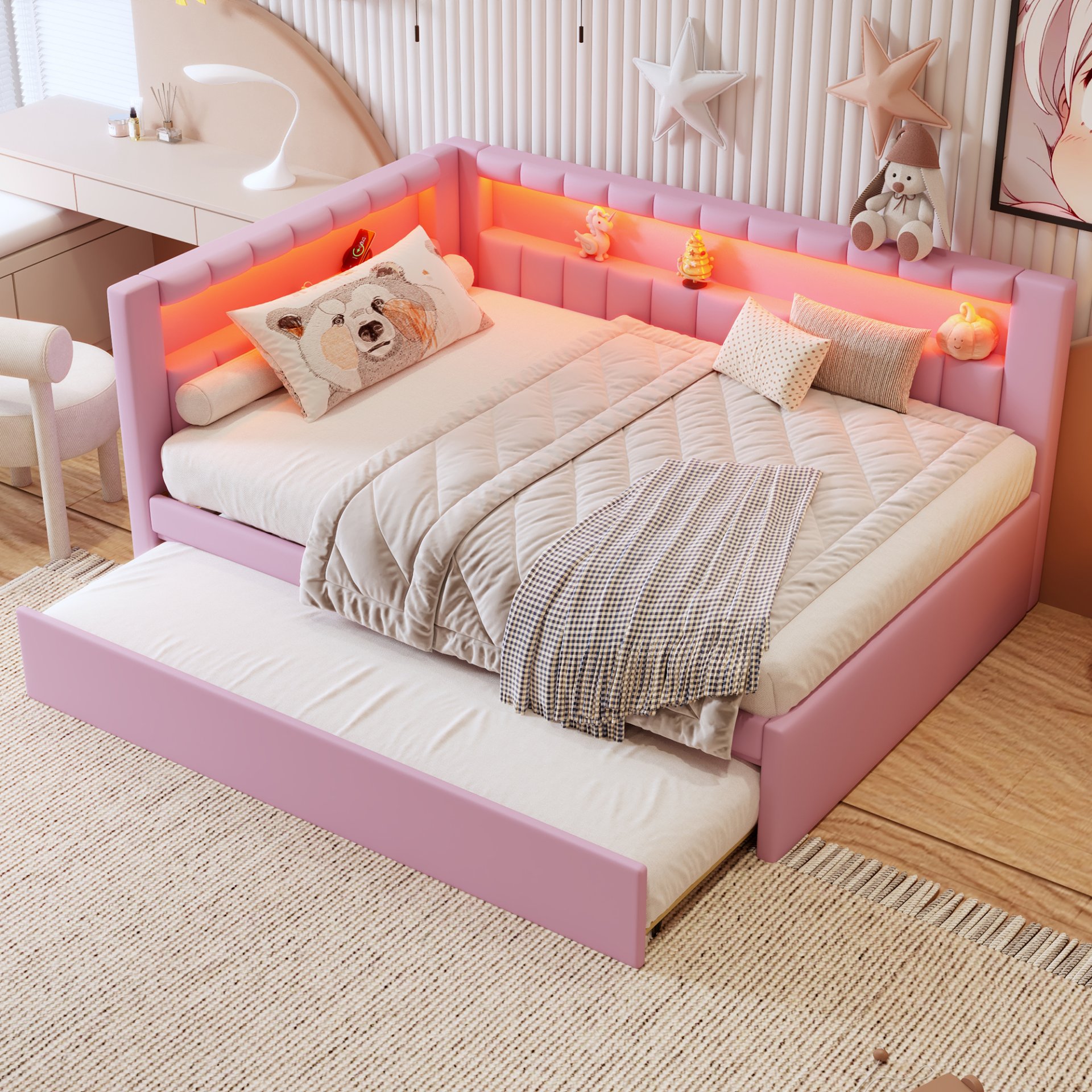 Full Size Upholstered Platform Bed With USB Ports, LED Belt And Trundle - Pink - Image 6