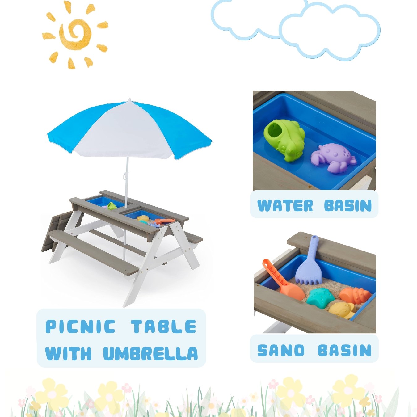 Wooden Kids Picnic Table, Sand And Water Table With Umbrella, Activity Table For Outdoor Backyard Patio Play - White / Gray - Image 3