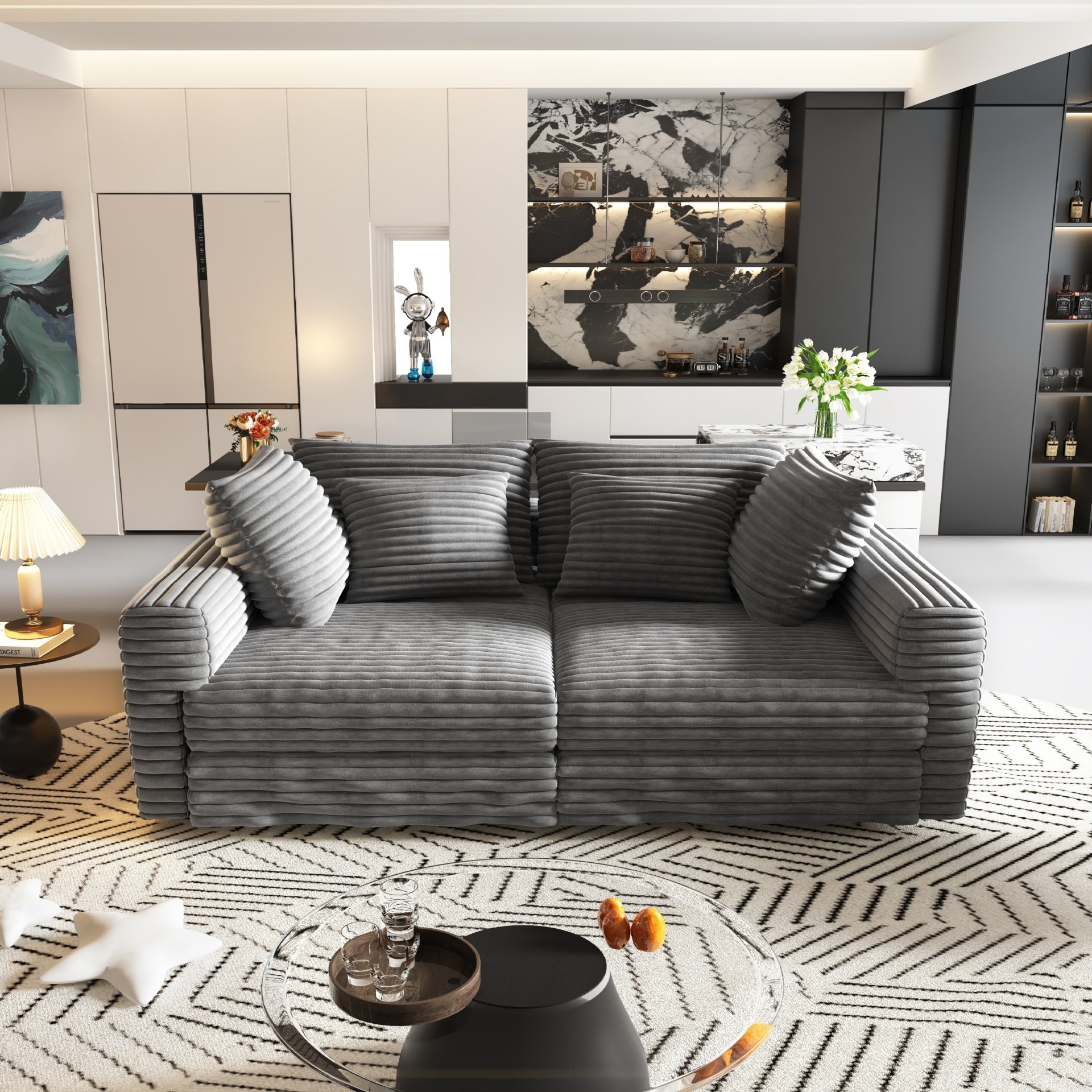 Plush Corduroy 4 Seat Sofa, Modern Comfy Upholstered Sofa Cloud Couch, Deep Seat Couches With Soft Pillows And Movable Ottoman, Convertible Sofa Lounge Chair - Gray - Image 10