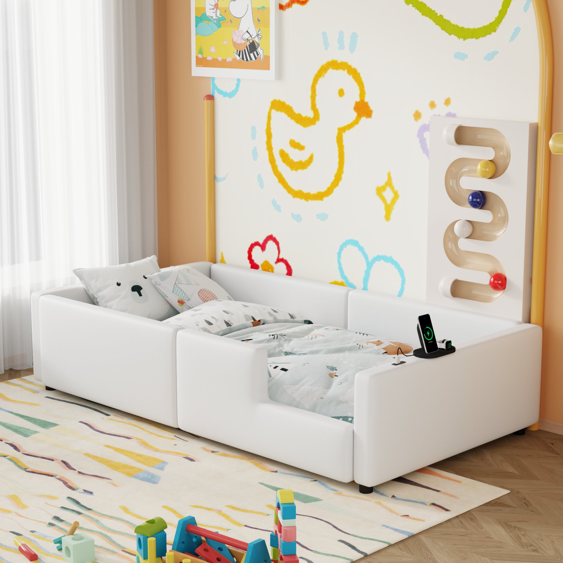 Twin Size Upholstered Platform Bed With Guardrail And Charging Station - White - Image 5