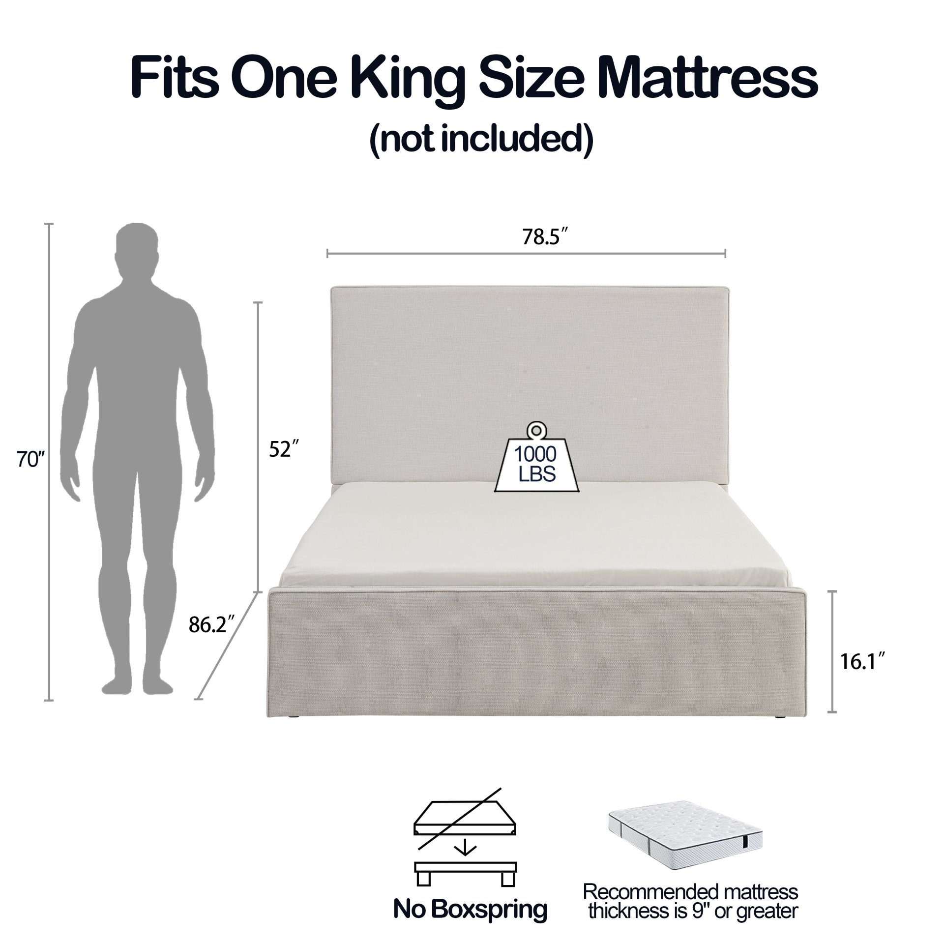 Lucas King Size Tall Headboard Bed - Ivory - Image 3