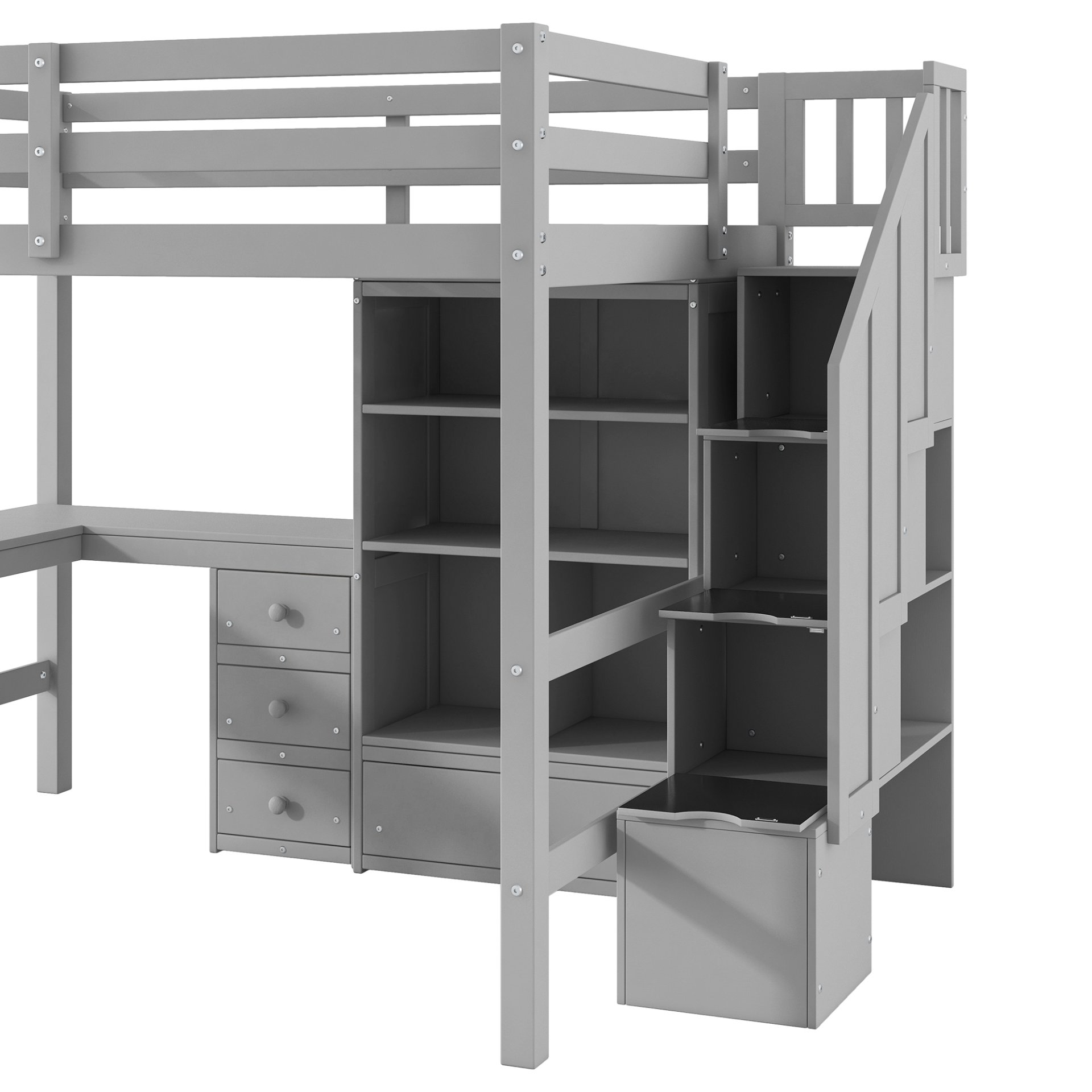 Full Size Loft Bed With L-Shaped Desk, Drawers, Cabinet, And Storage Staircase - Gray - Image 8