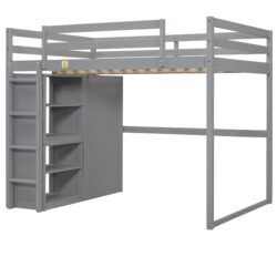 Full Size Loft Bed With Built In Wardrobe, Storage Shelves, And LED Light - Gray