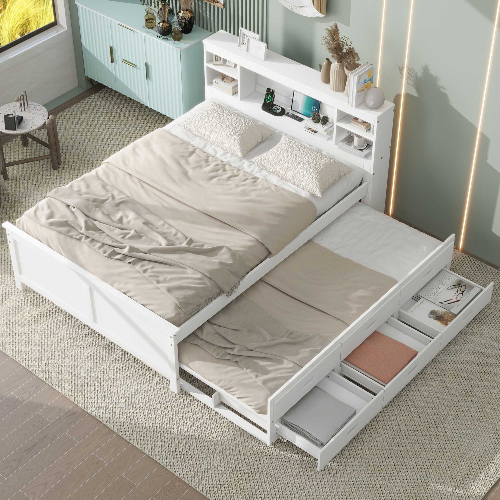 Full Size Platform Bed With Storage Headboard, USB Ports, Twin Trundle, 3 Drawers Construction - White - Image 6
