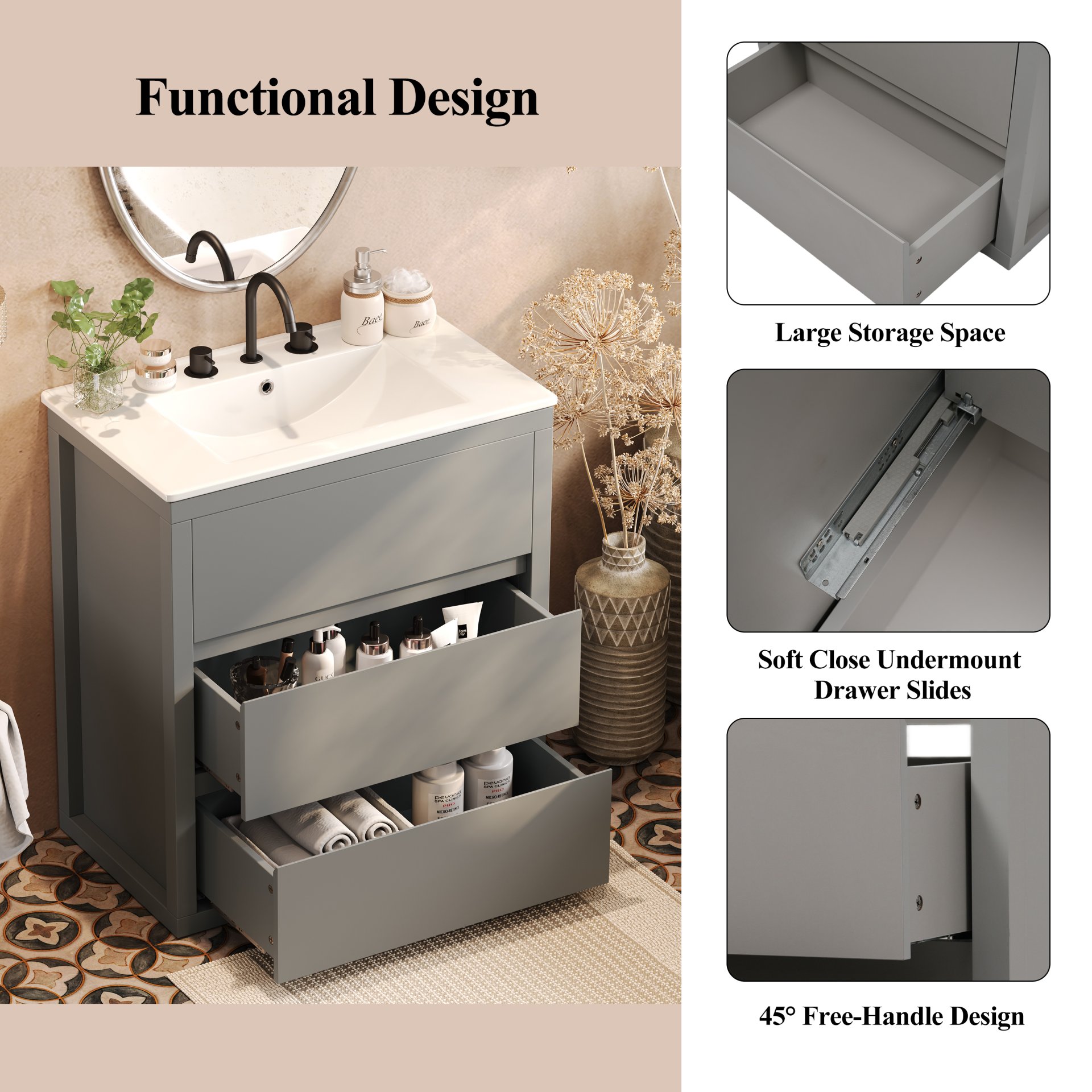 Freestanding Bathroom Vanity With Sink, 2 Full Extension Drawers, Soft Close Slides - Gray - Image 6